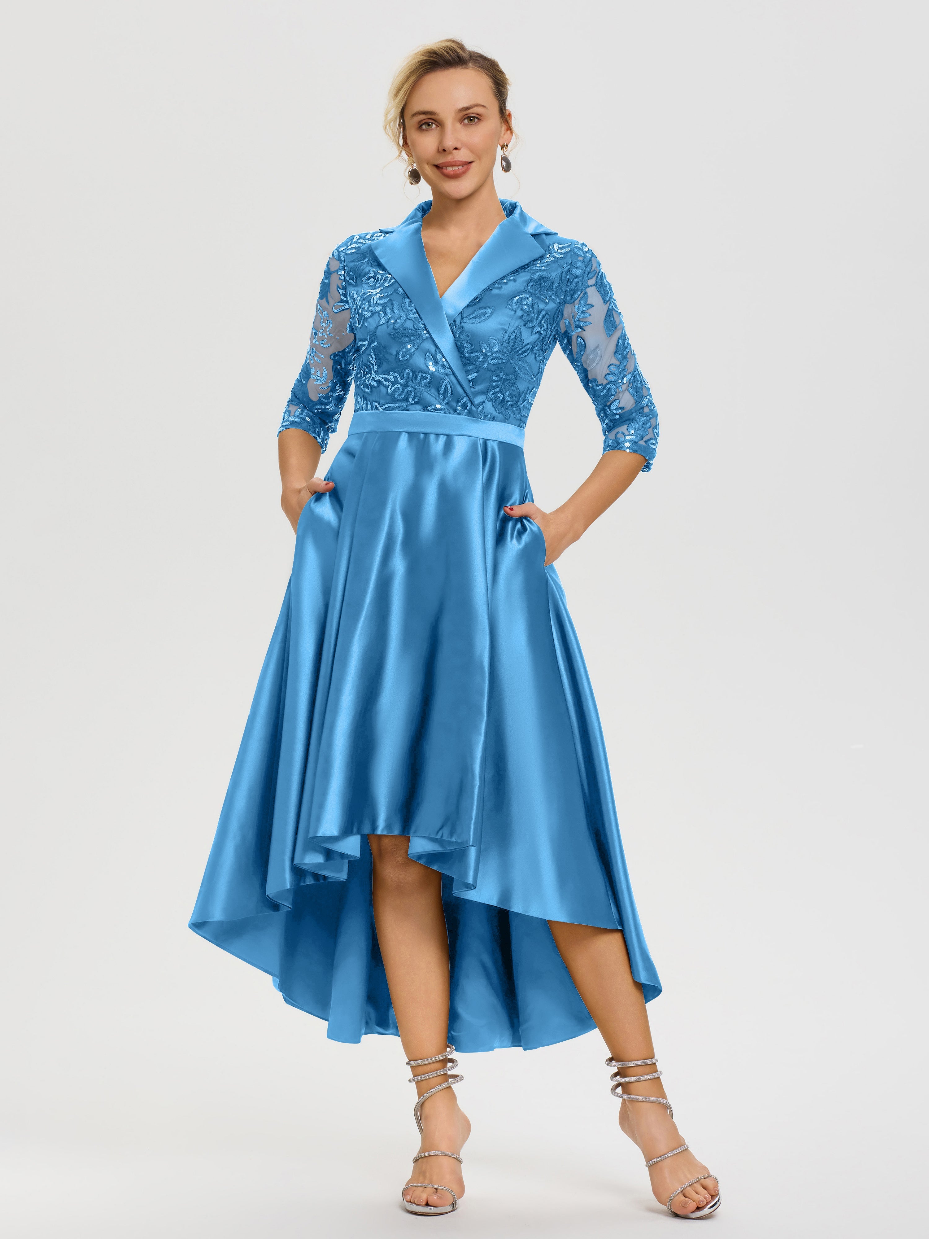 Ocean Blue Mother Of The Bride Dress Sparkly Sequins Bodice V-Neck Illusion Sleeves High-Low Mother Of The Bride Dresses Ocean Blue Mother Of The Bride Dress Sparkly Sequins Bodice V-Neck Illusion Sleeves High-Low Mother Of The Bride Dresses