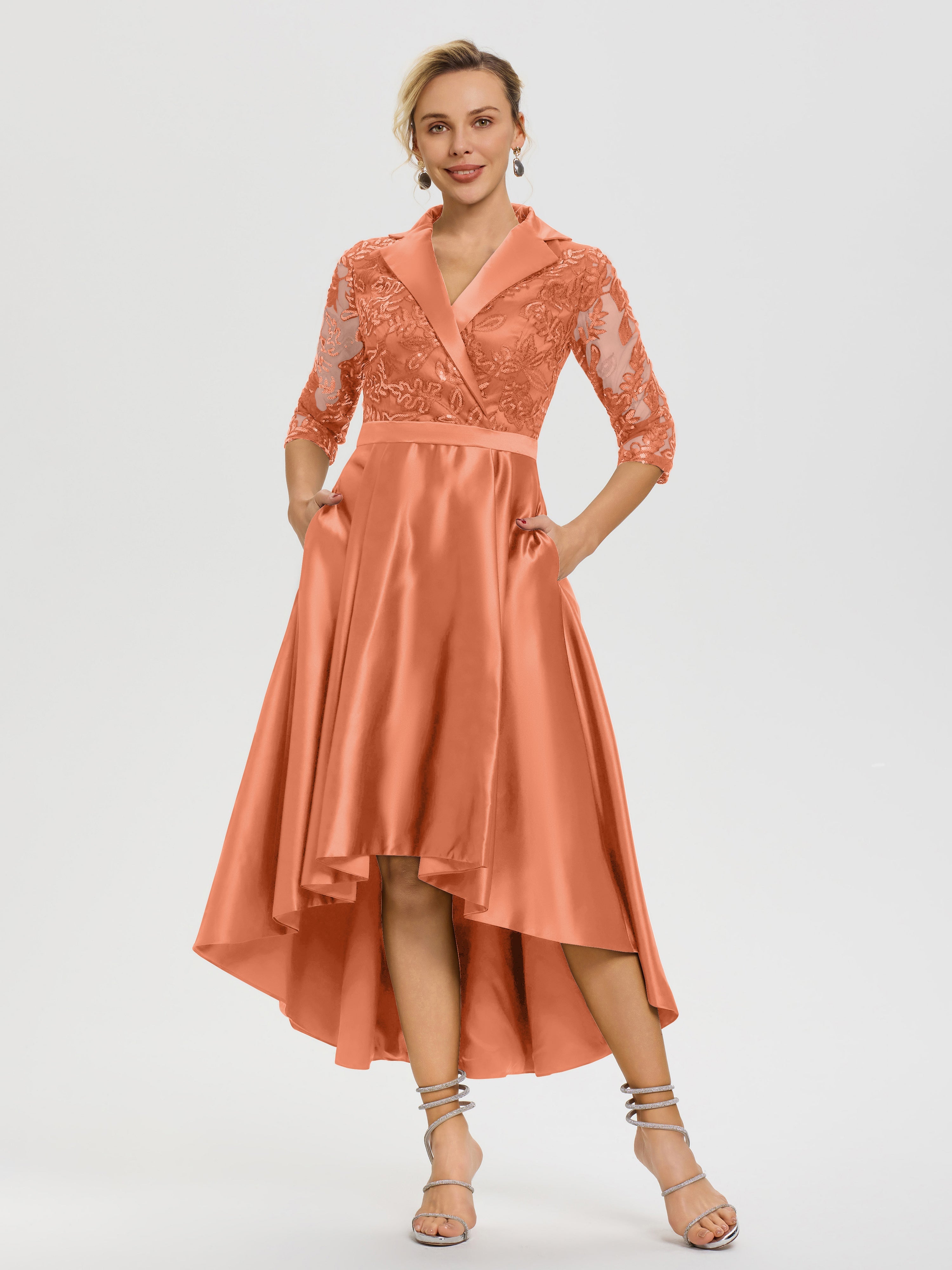 Mother of The Bride Papaya Dress Sparkly Sequins Bodice V-Neck Illusion Sleeves High-Low Mother of The Bride Dresses Mother of The Bride Papaya Dress Sparkly Sequins Bodice V-Neck Illusion Sleeves High-Low Mother of The Bride Dresses