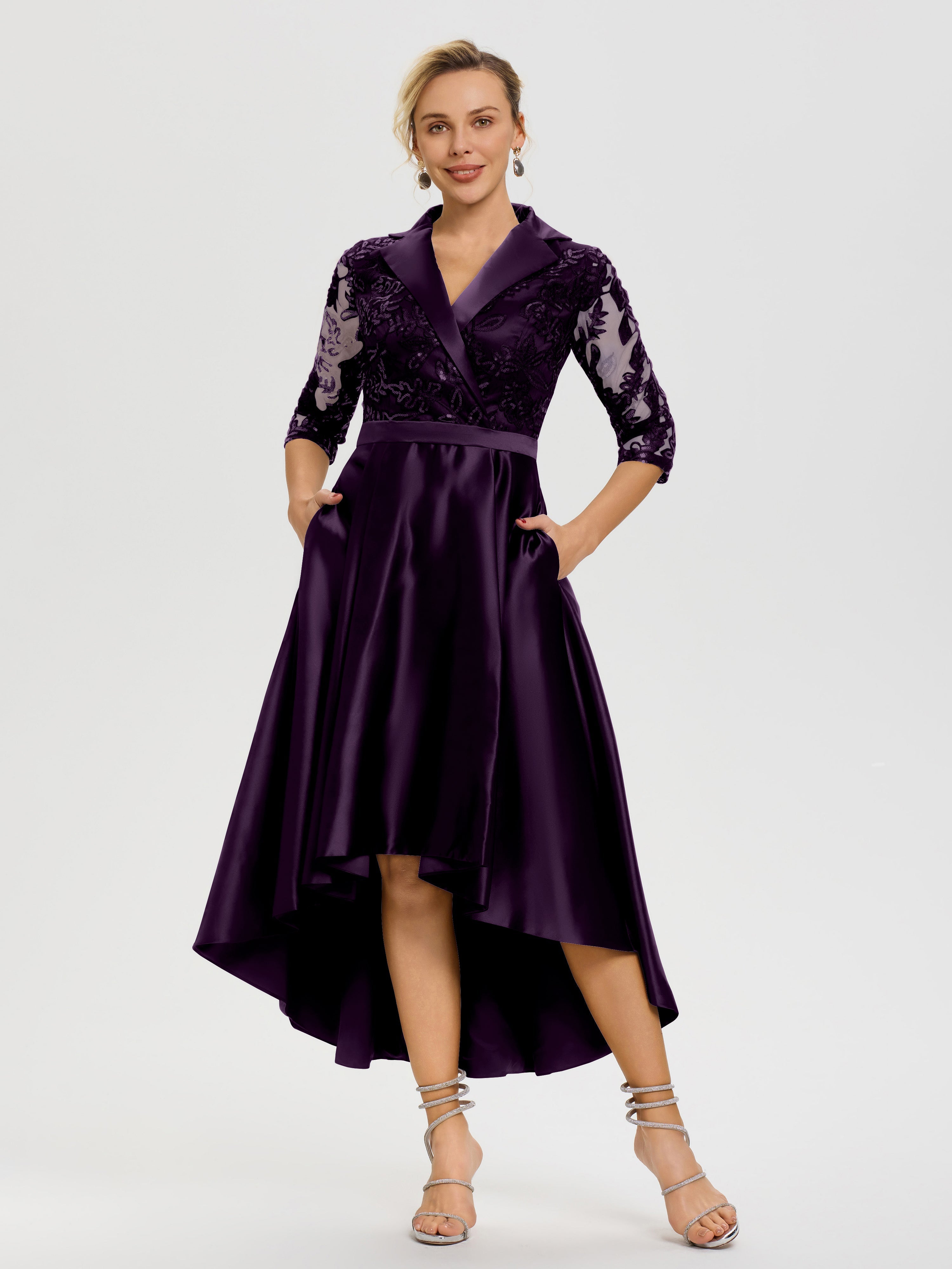 Mother Of The Bride Dresses Plum Sparkly Sequins Bodice V-Neck Illusion Sleeves High-Low Mother Of The Bride Dresses Mother Of The Bride Dresses Plum Sparkly Sequins Bodice V-Neck Illusion Sleeves High-Low Mother Of The Bride Dresses