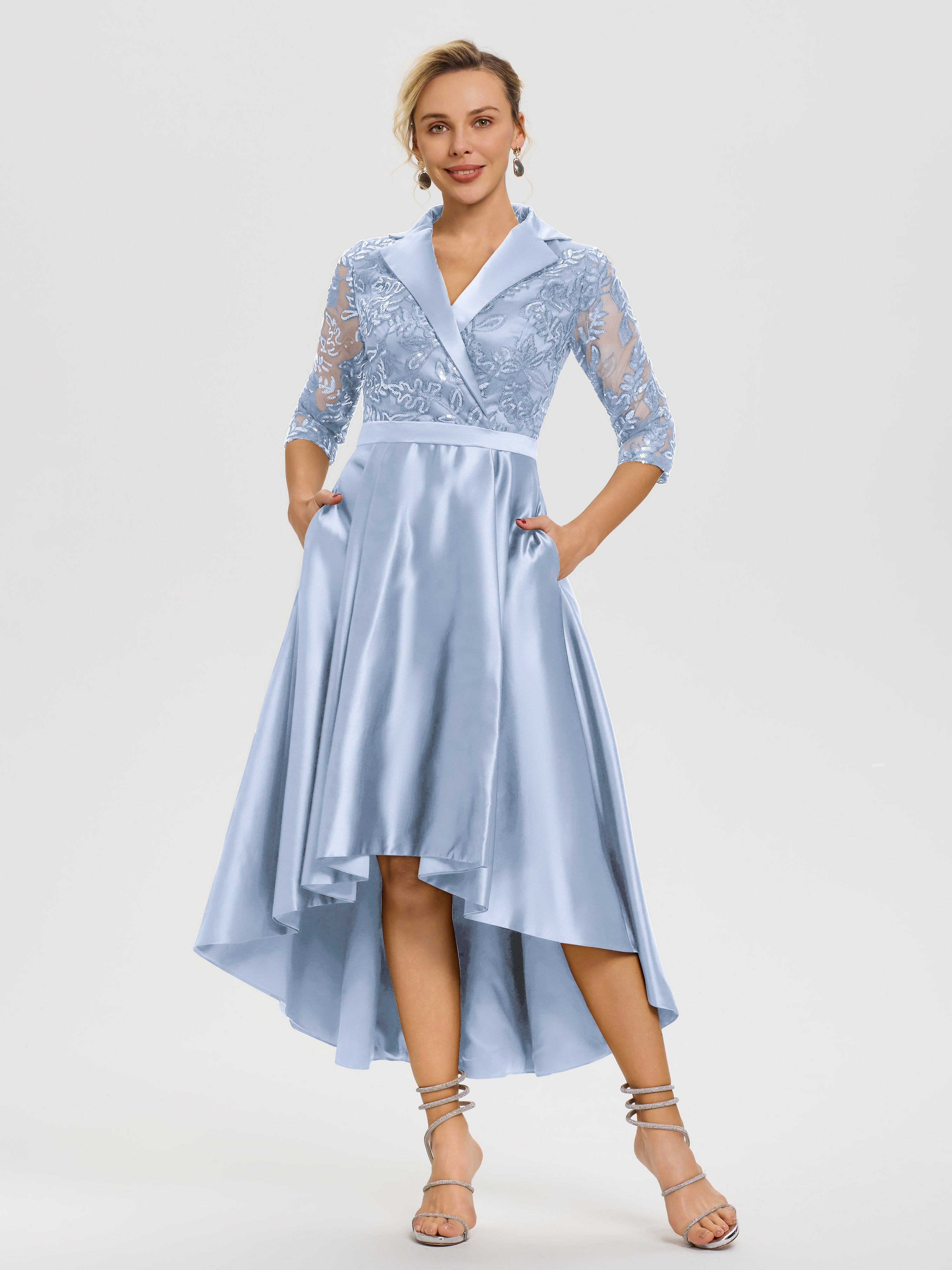 Sky Blue Mother Of The Bride Dresses Sparkly Sequins Bodice V-Neck Illusion Sleeves High-Low Mother Of The Bride Dresses Sky Blue Mother Of The Bride Dresses Sparkly Sequins Bodice V-Neck Illusion Sleeves High-Low Mother Of The Bride Dresses