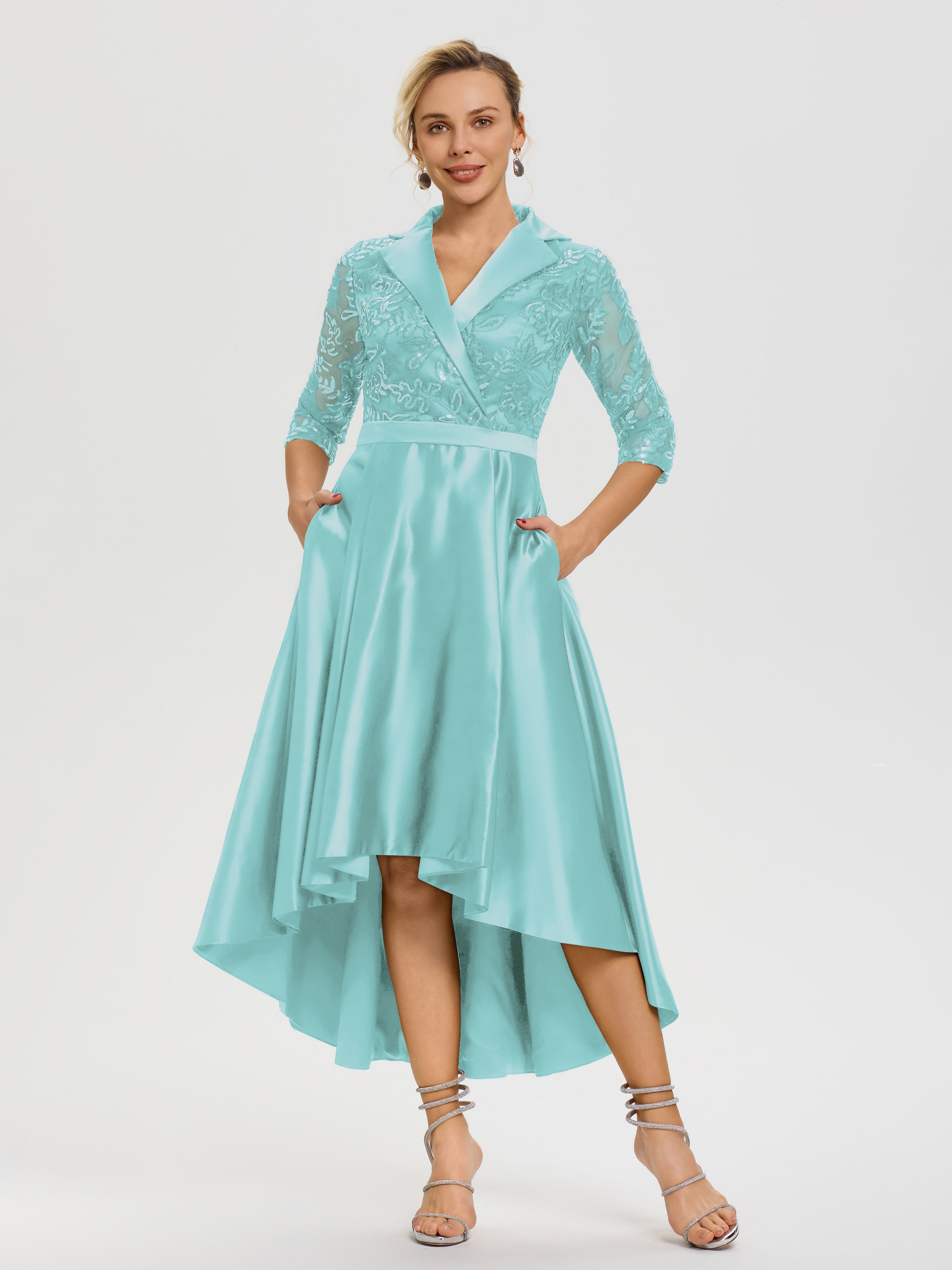 Mother Of The Bride Turquoise Outfits Sparkly Sequins Bodice V-Neck Illusion Sleeves High-Low Mother Of The Bride Dresses