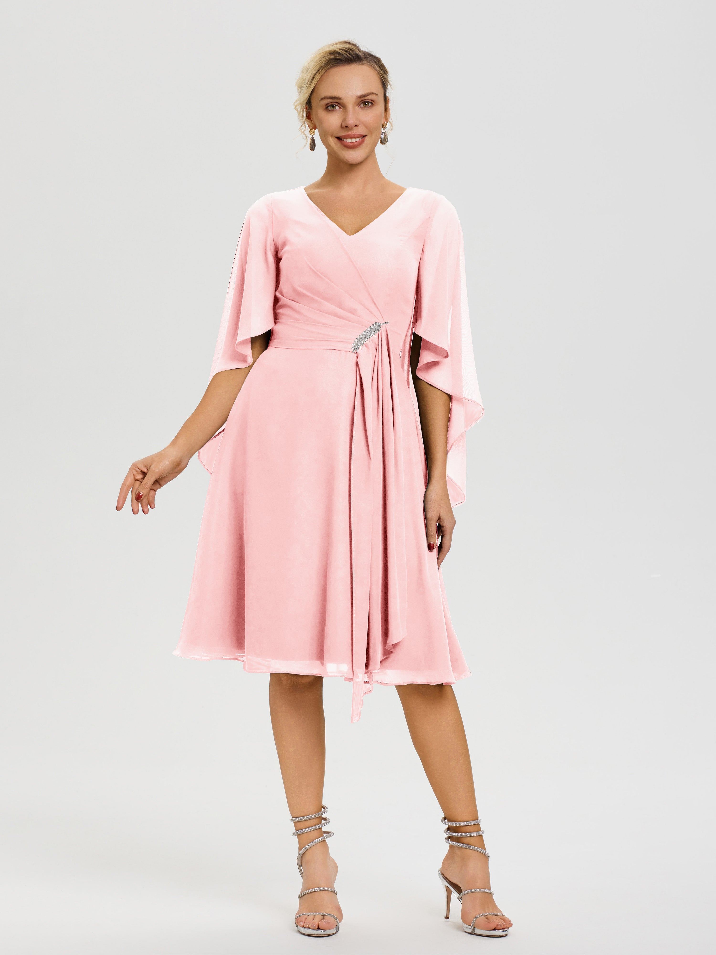 blush pink v neck dress Light Pink V-Neck Dress With Silver Beaded Appliqu And Side Slit