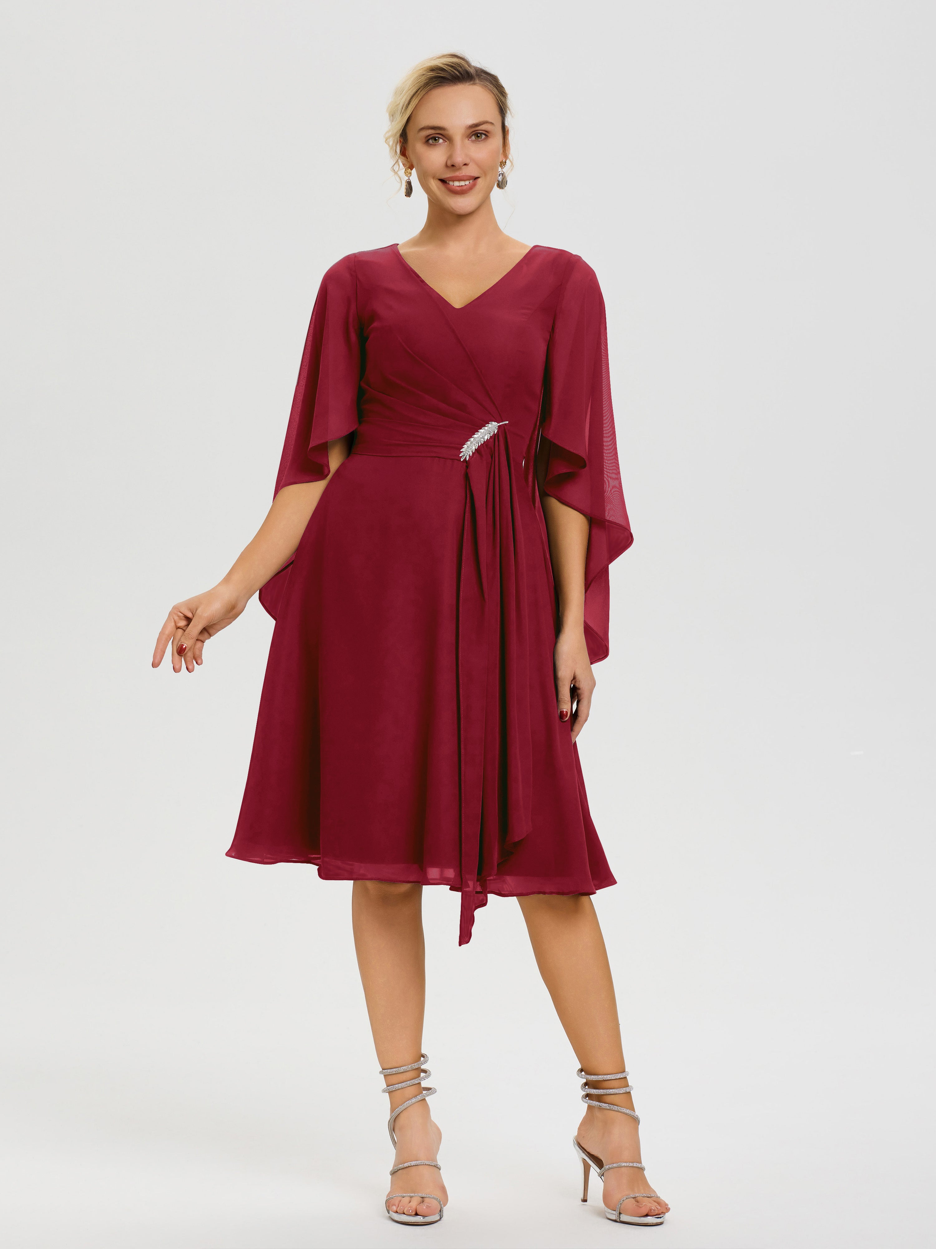Tea Length Burgundy Mother Of The Bride Dress Elegant V Neck Ruffle Sleeves Back Zip Knee Length Mother Of The Bride Dresses Tea Length Burgundy Mother Of The Bride Dress Elegant V Neck Ruffle Sleeves Back Zip Knee Length Mother Of The Bride Dresses