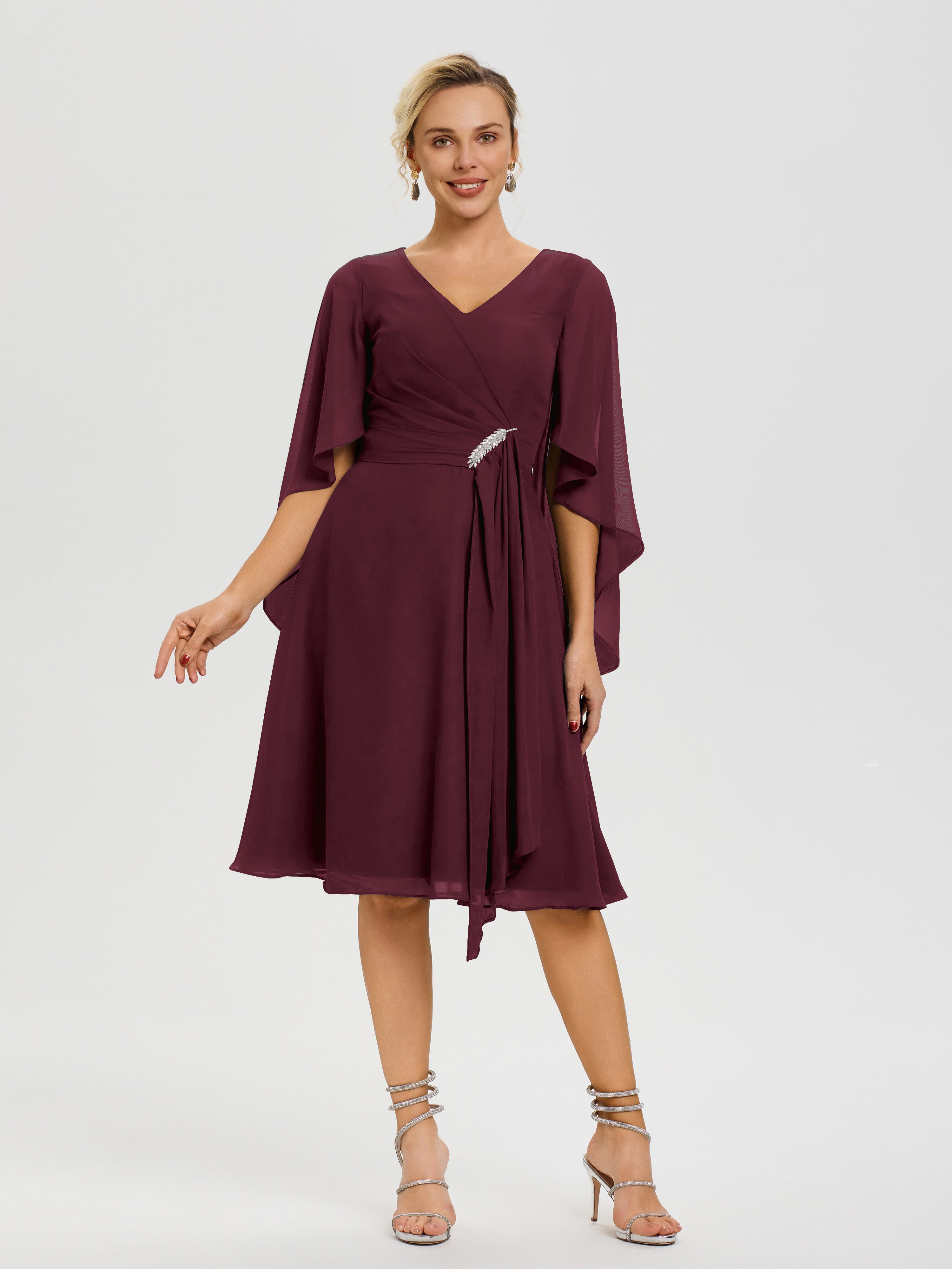 Cabernet Mother Of The Bride Dresses Plus Size Elegant V Neck Ruffle Sleeves Back Zip Knee Length Mother Of The Bride Dresses Cabernet Mother Of The Bride Dresses Plus Size Elegant V Neck Ruffle Sleeves Back Zip Knee Length Mother Of The Bride Dresses