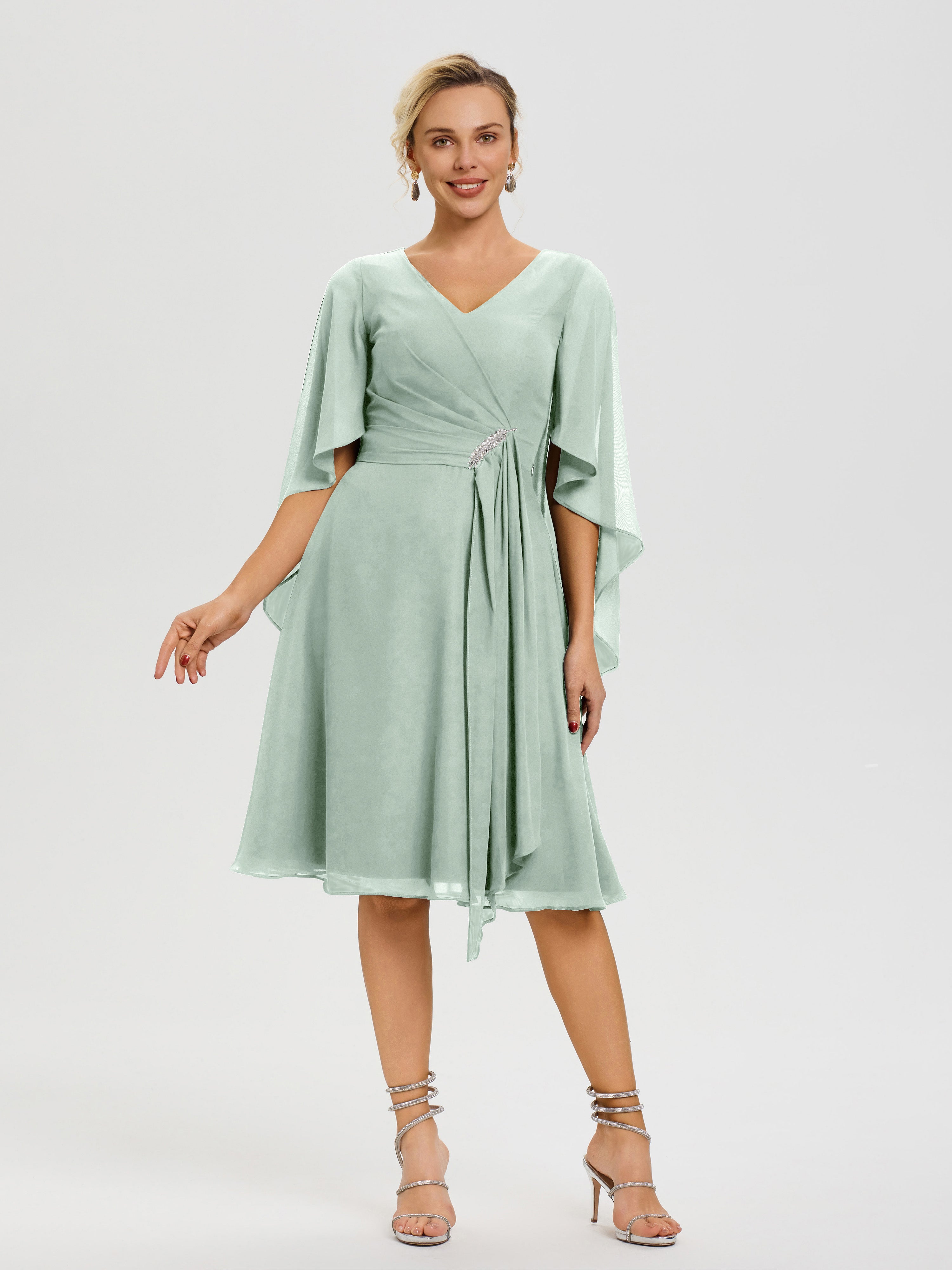 Celadon Mother Of Bride Dresses Elegant V Neck Ruffle Sleeves Back Zip Knee Length Mother Of The Bride Dresses Celadon Mother Of Bride Dresses Elegant V Neck Ruffle Sleeves Back Zip Knee Length Mother Of The Bride Dresses