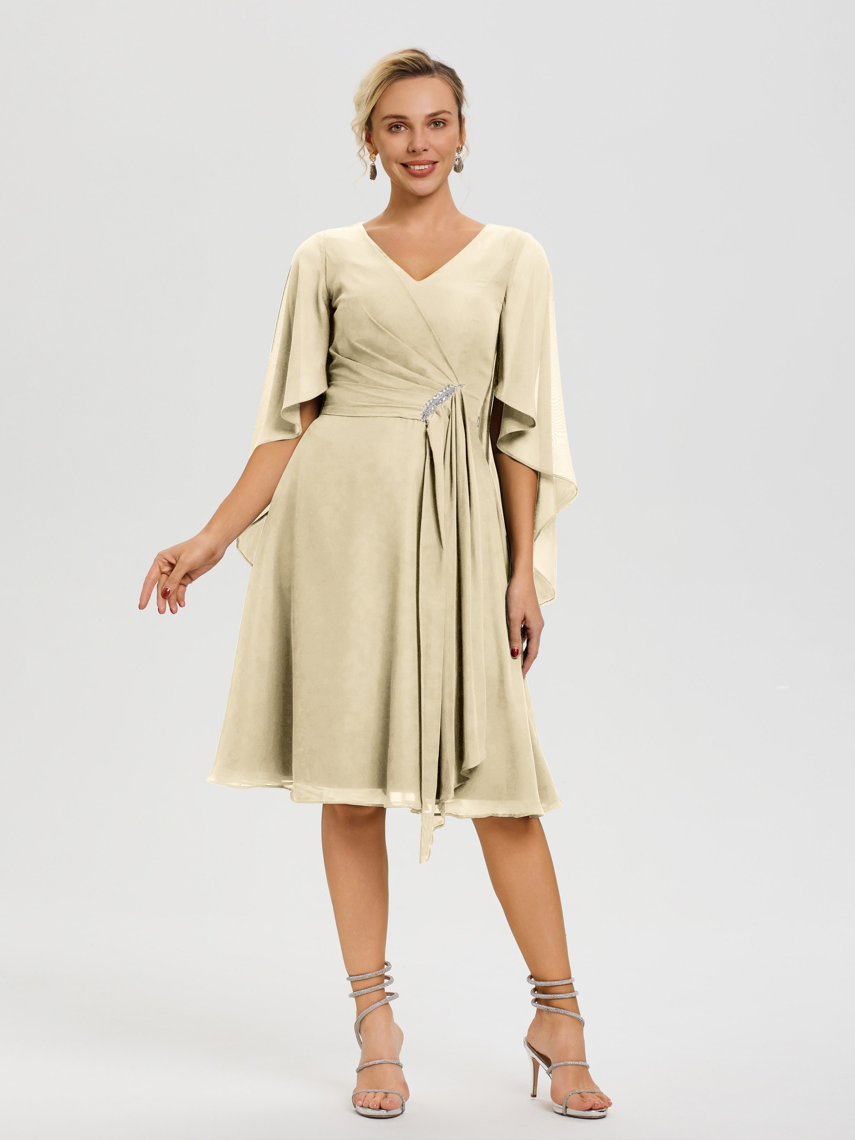 Champagne Knee Length Mother Of The Bride Dresses Elegant V Neck Ruffle Sleeves Back Zip Knee Length Mother Of The Bride Dresses Champagne Knee Length Mother Of The Bride Dresses Elegant V Neck Ruffle Sleeves Back Zip Knee Length Mother Of The Bride Dresses