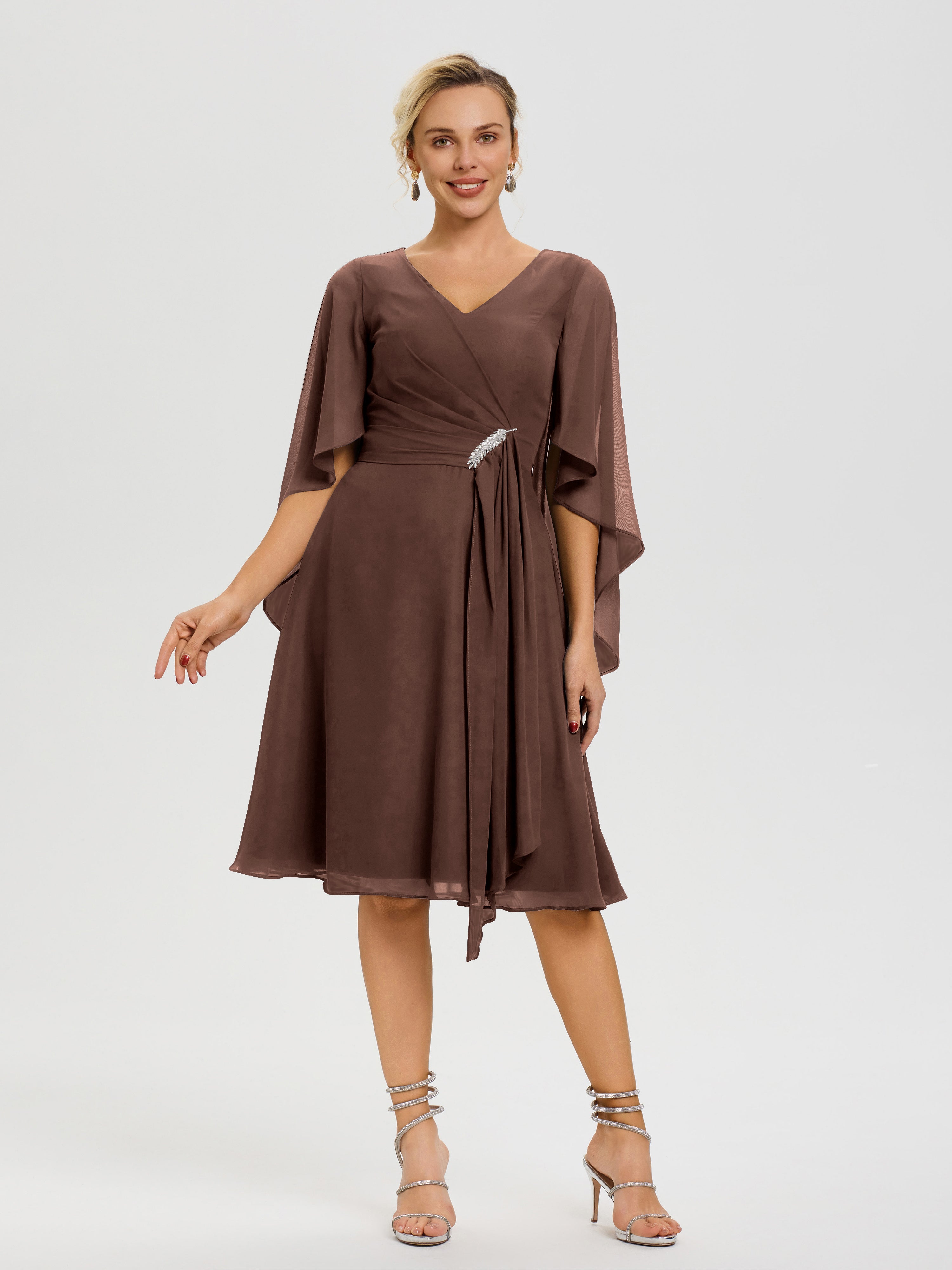 Chocolate Brown Mother of The Bride Dress Elegant V Neck Ruffle Sleeves Back Zip Knee Length Mother of The Bride Dresses Chocolate Brown Mother of The Bride Dress Elegant V Neck Ruffle Sleeves Back Zip Knee Length Mother of The Bride Dresses