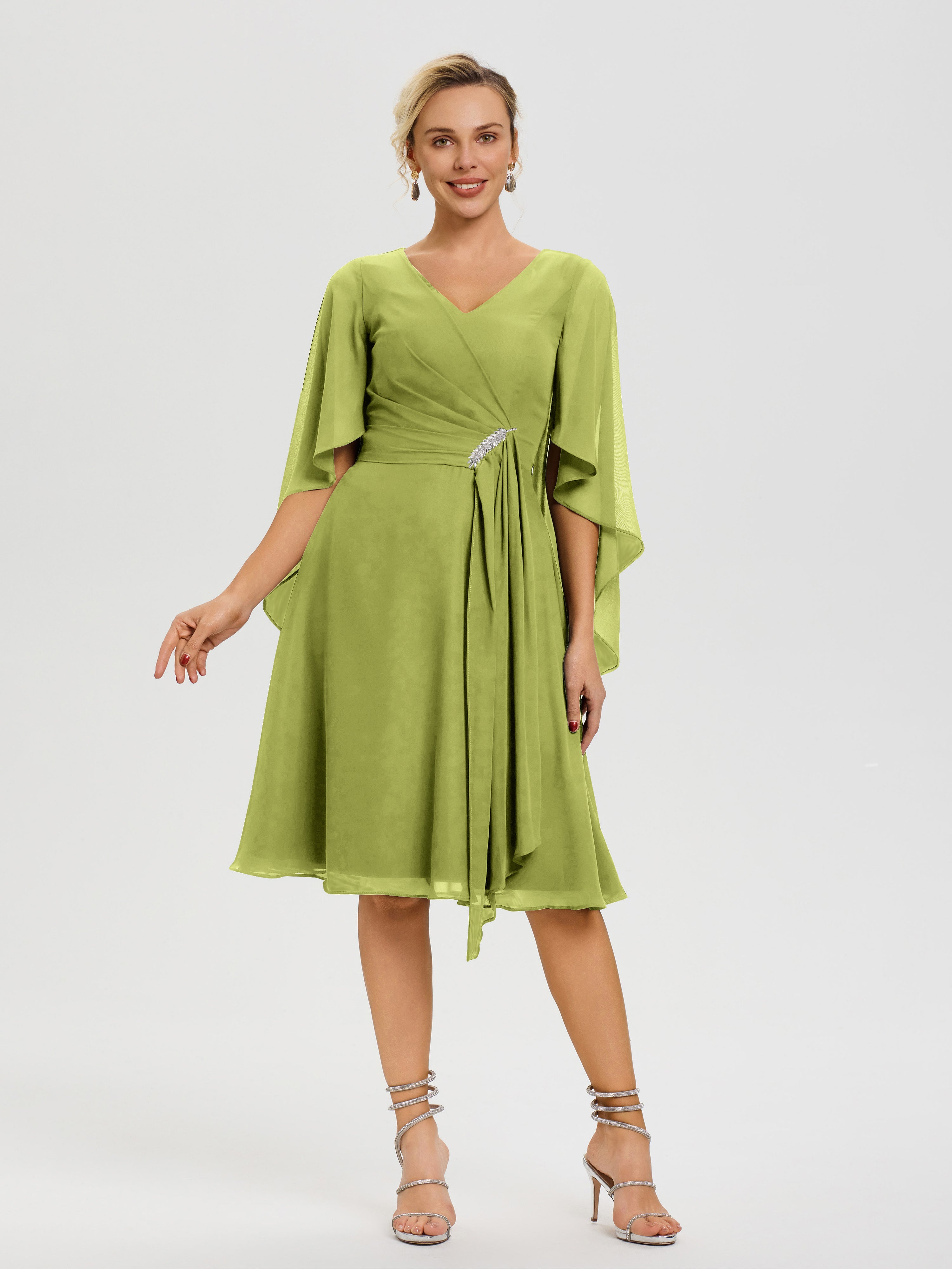 Clover Dress For Wedding Mother Of The Bride Elegant V Neck Ruffle Sleeves Back Zip Knee Length Mother Of The Bride Dresses Clover Dress For Wedding Mother Of The Bride Elegant V Neck Ruffle Sleeves Back Zip Knee Length Mother Of The Bride Dresses
