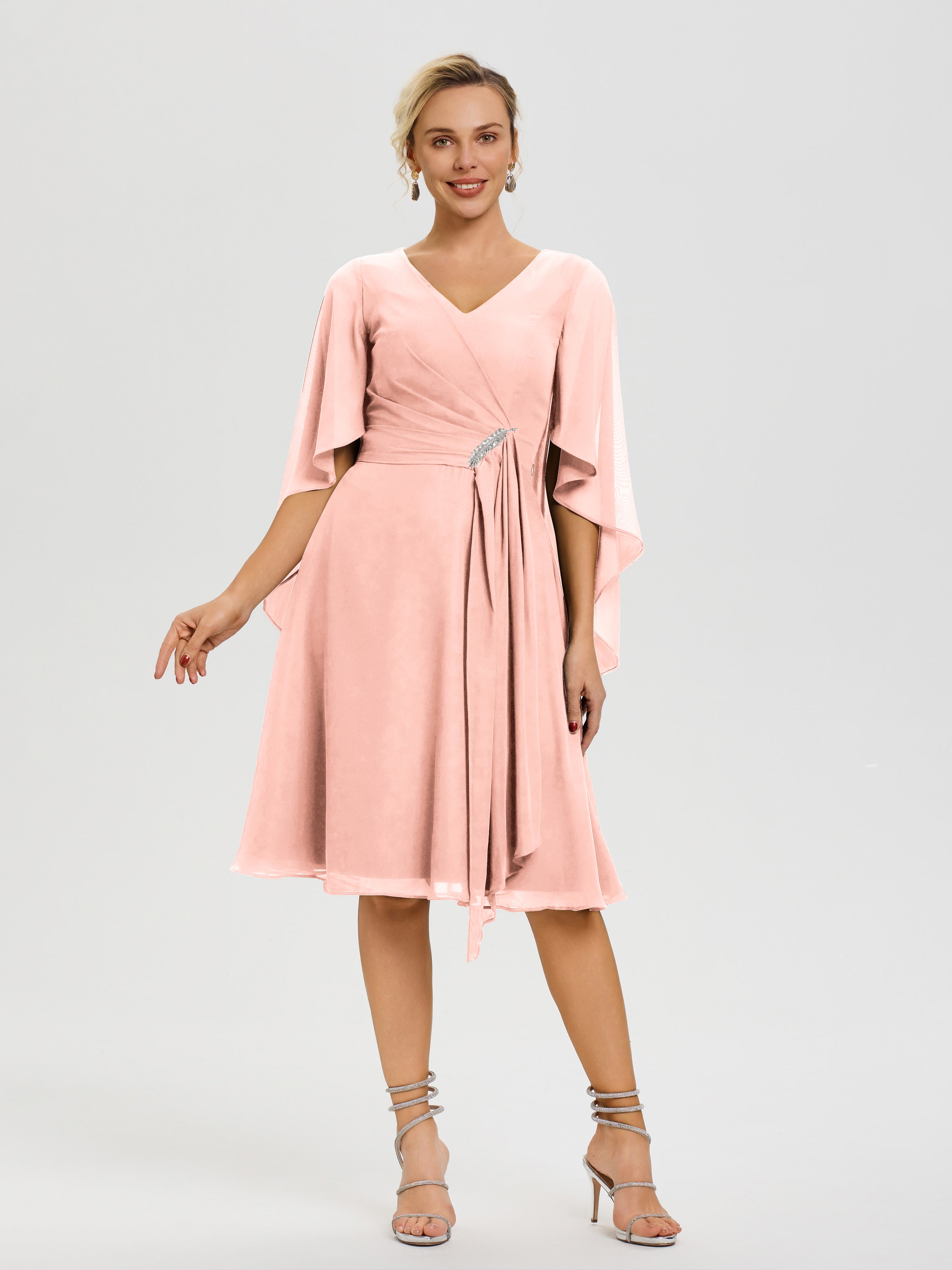 Coral Dress For Wedding Mother Of The Bride Elegant V Neck Ruffle Sleeves Back Zip Knee Length Mother Of The Bride Dresses Coral Dress For Wedding Mother Of The Bride Elegant V Neck Ruffle Sleeves Back Zip Knee Length Mother Of The Bride Dresses