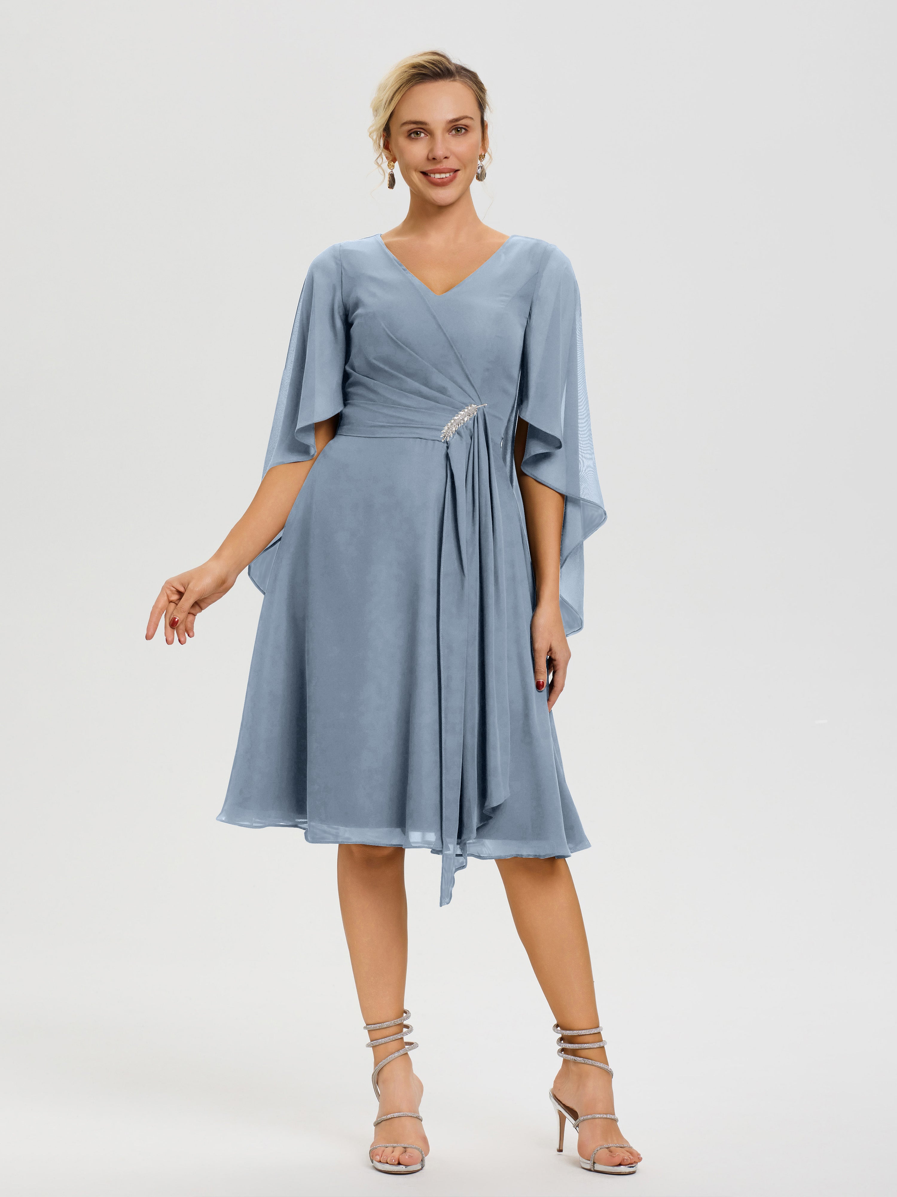 Dusty Blue Mother Of The Bride Dress Elegant V Neck Ruffle Sleeves Bac Dusty Blue Mother Of The Bride Dress Elegant V Neck Ruffle Sleeves Bac