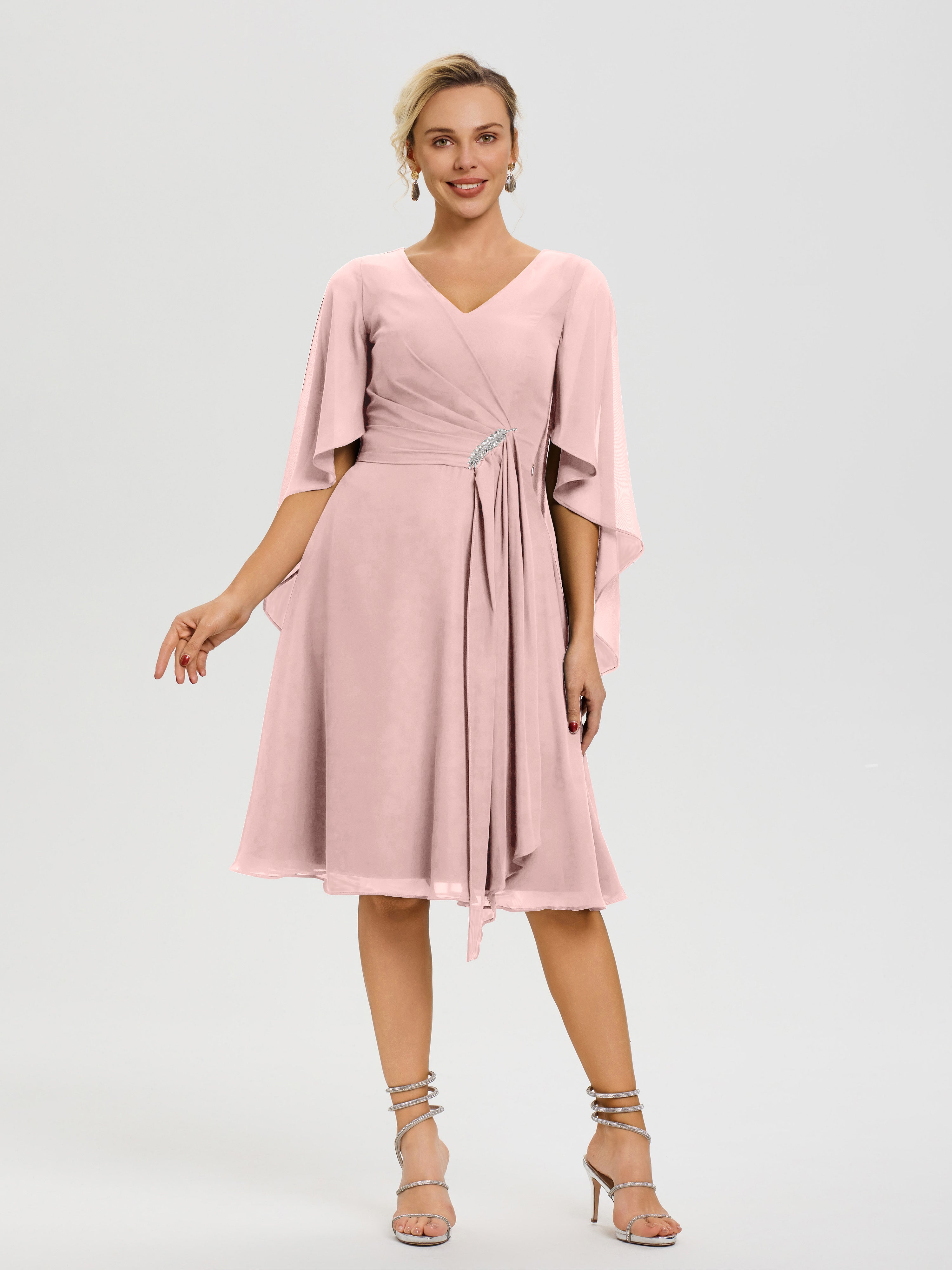 Dusty Rose Mother of The Bride Dresses Elegant V Neck Ruffle Sleeves Back Zip Knee Length Mother of The Bride Dresses Dusty Rose Mother of The Bride Dresses Elegant V Neck Ruffle Sleeves Back Zip Knee Length Mother of The Bride Dresses