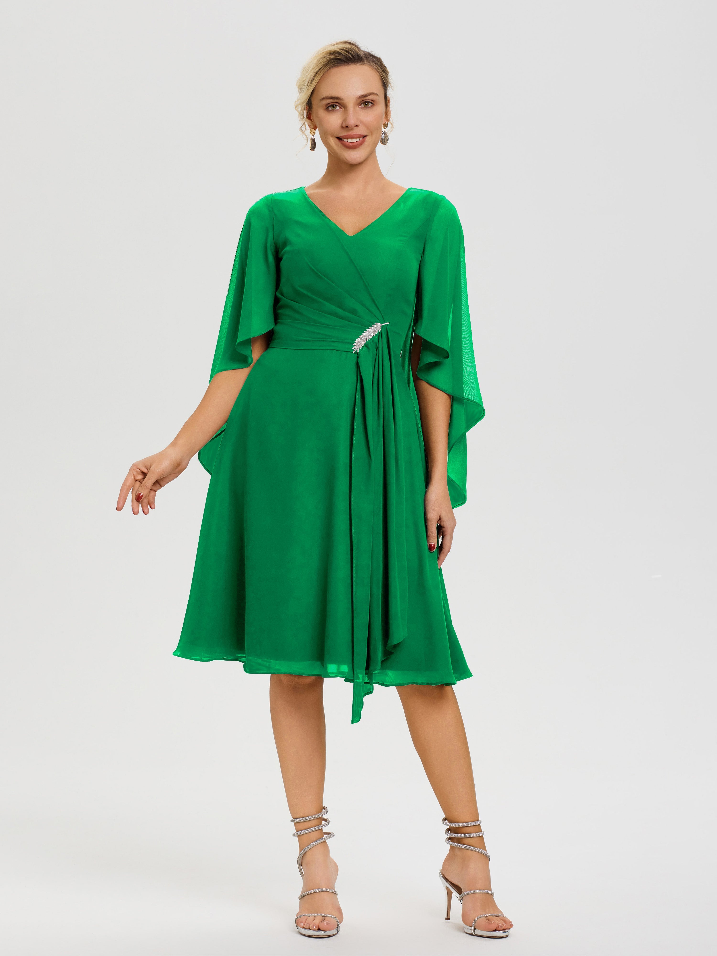 Mother Of The Bride Emerald Green Dress Elegant V Neck Ruffle Sleeves Back Zip Knee Length Mother Of The Bride Dresses Mother Of The Bride Emerald Green Dress Elegant V Neck Ruffle Sleeves Back Zip Knee Length Mother Of The Bride Dresses