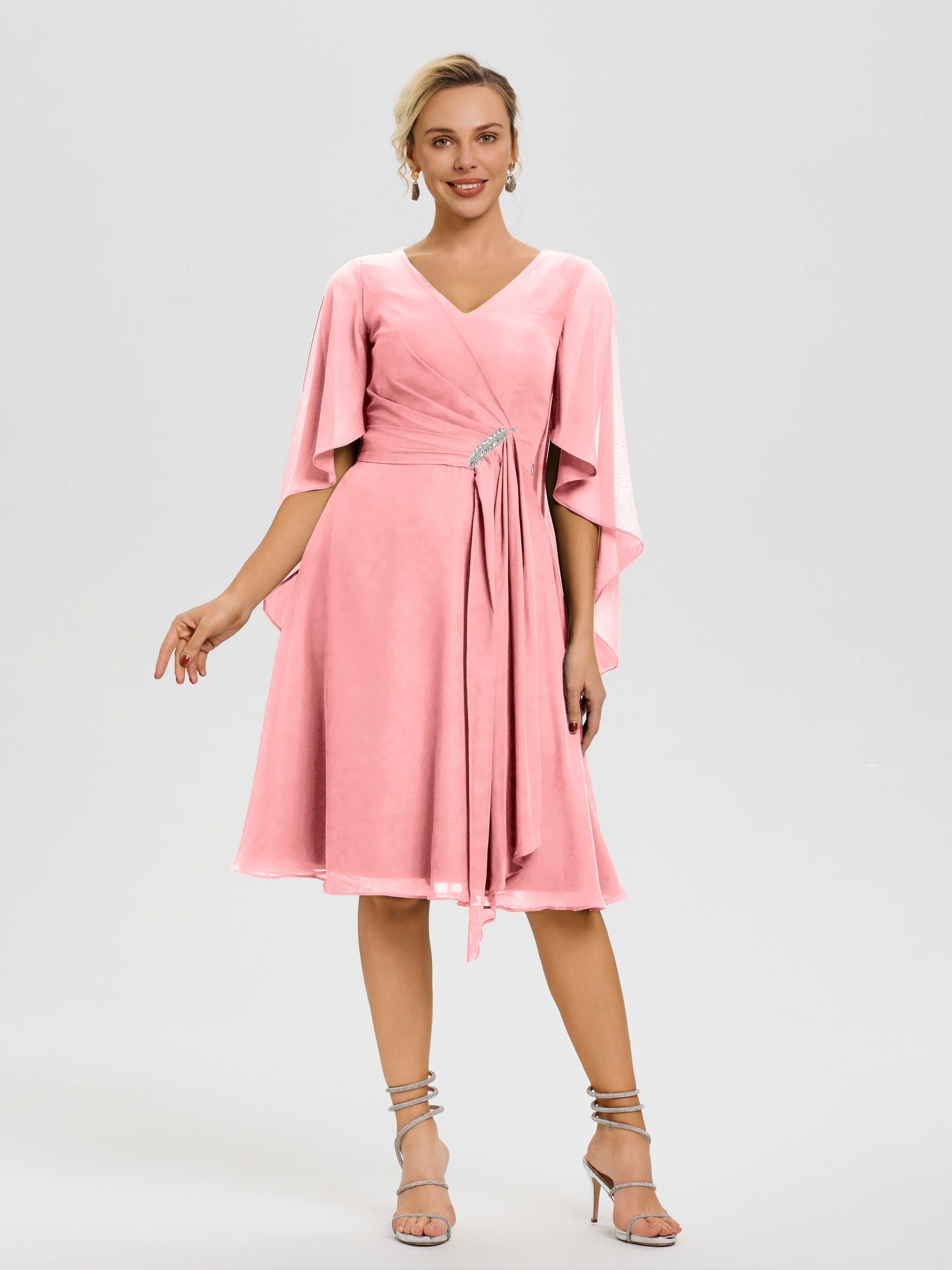 Mother Of The Bride Dresses Flamingo Elegant V Neck Ruffle Sleeves Back Zip Knee Length Mother Of The Bride Dresses