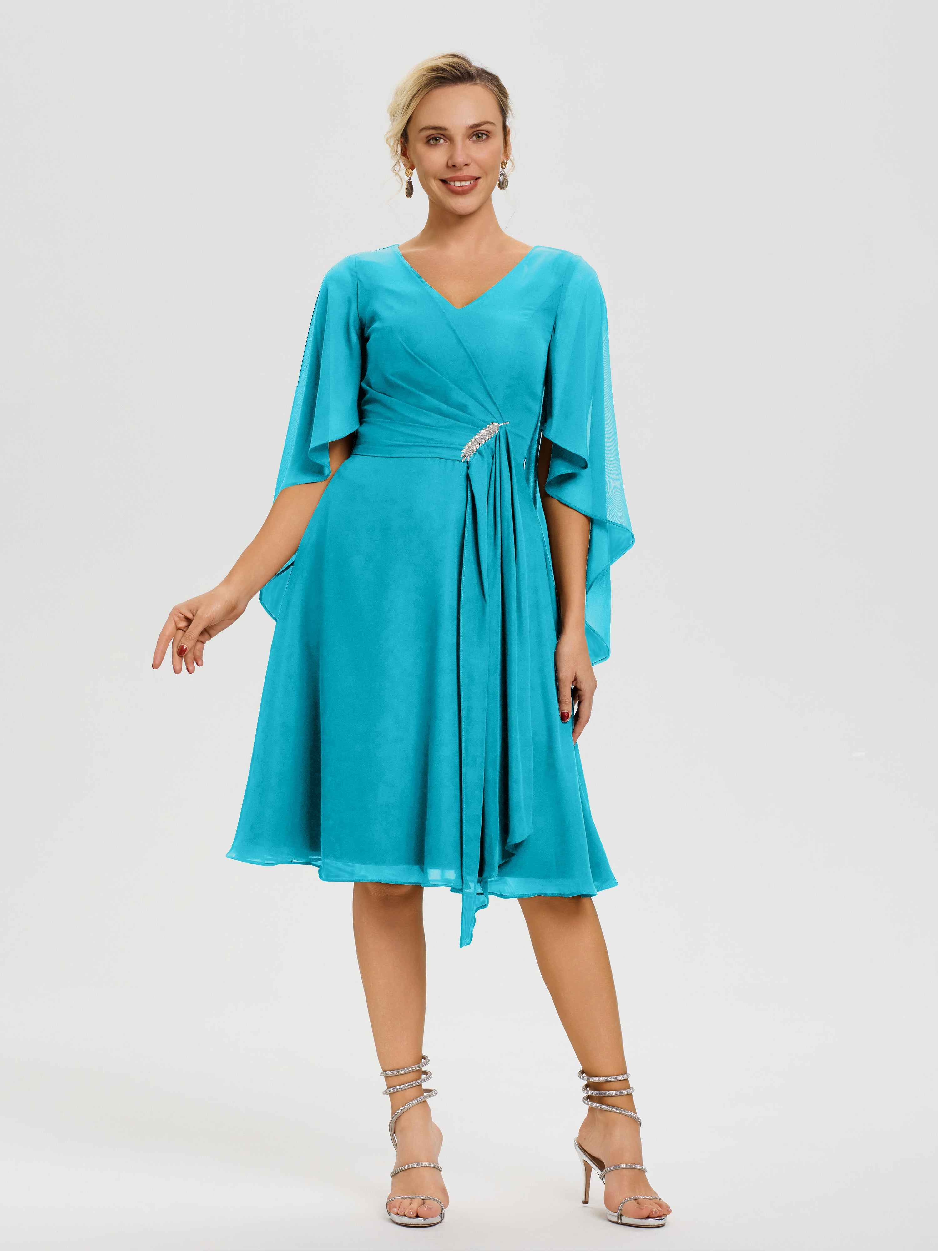 Jade Dresses Mother Of The Bride Elegant V Neck Ruffle Sleeves Back Zip Knee Length Mother Of The Bride Dresses Jade Dresses Mother Of The Bride Elegant V Neck Ruffle Sleeves Back Zip Knee Length Mother Of The Bride Dresses