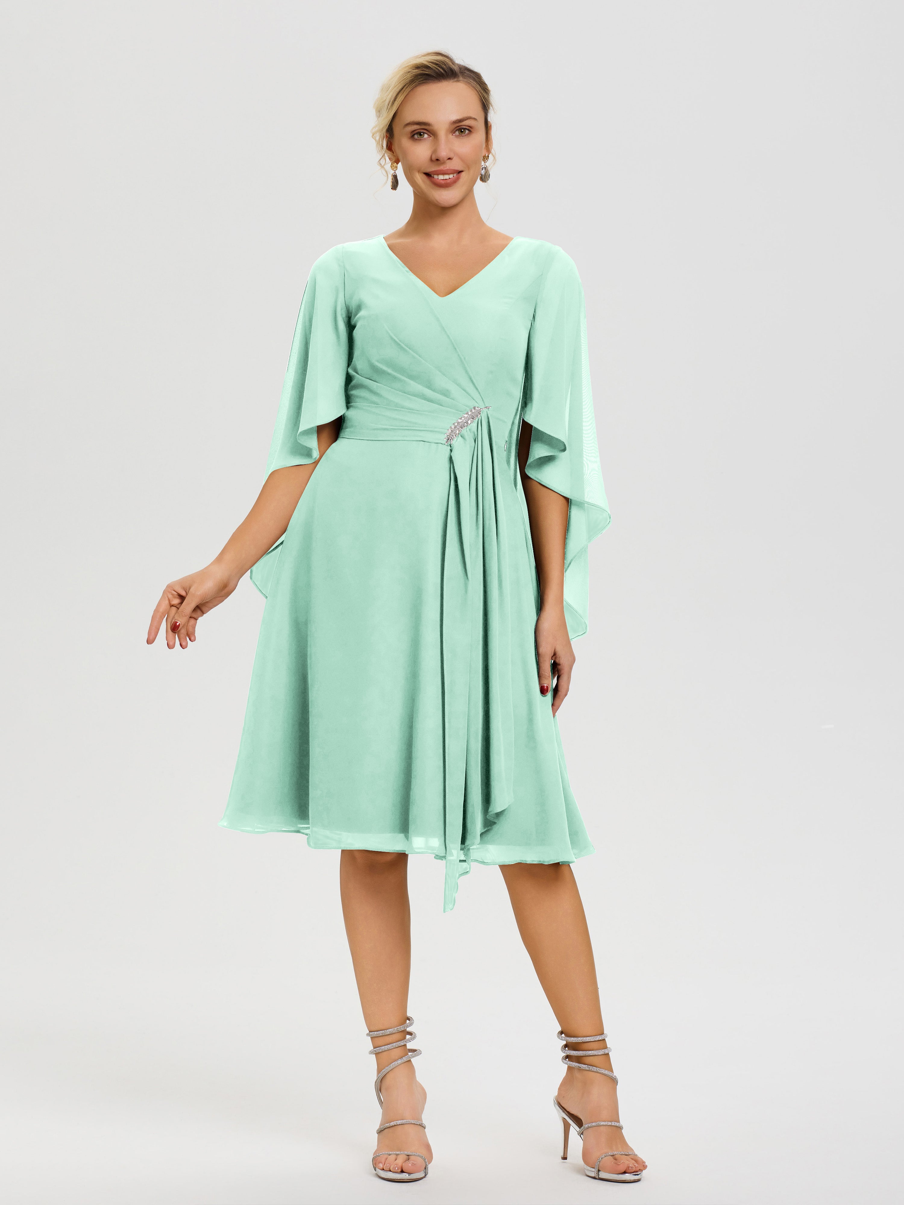 Mother Of The Bride Dresses Mint Green Elegant V Neck Ruffle Sleeves Back Zip Knee Length Mother Of The Bride Dresses Mother Of The Bride Dresses Mint Green Elegant V Neck Ruffle Sleeves Back Zip Knee Length Mother Of The Bride Dresses