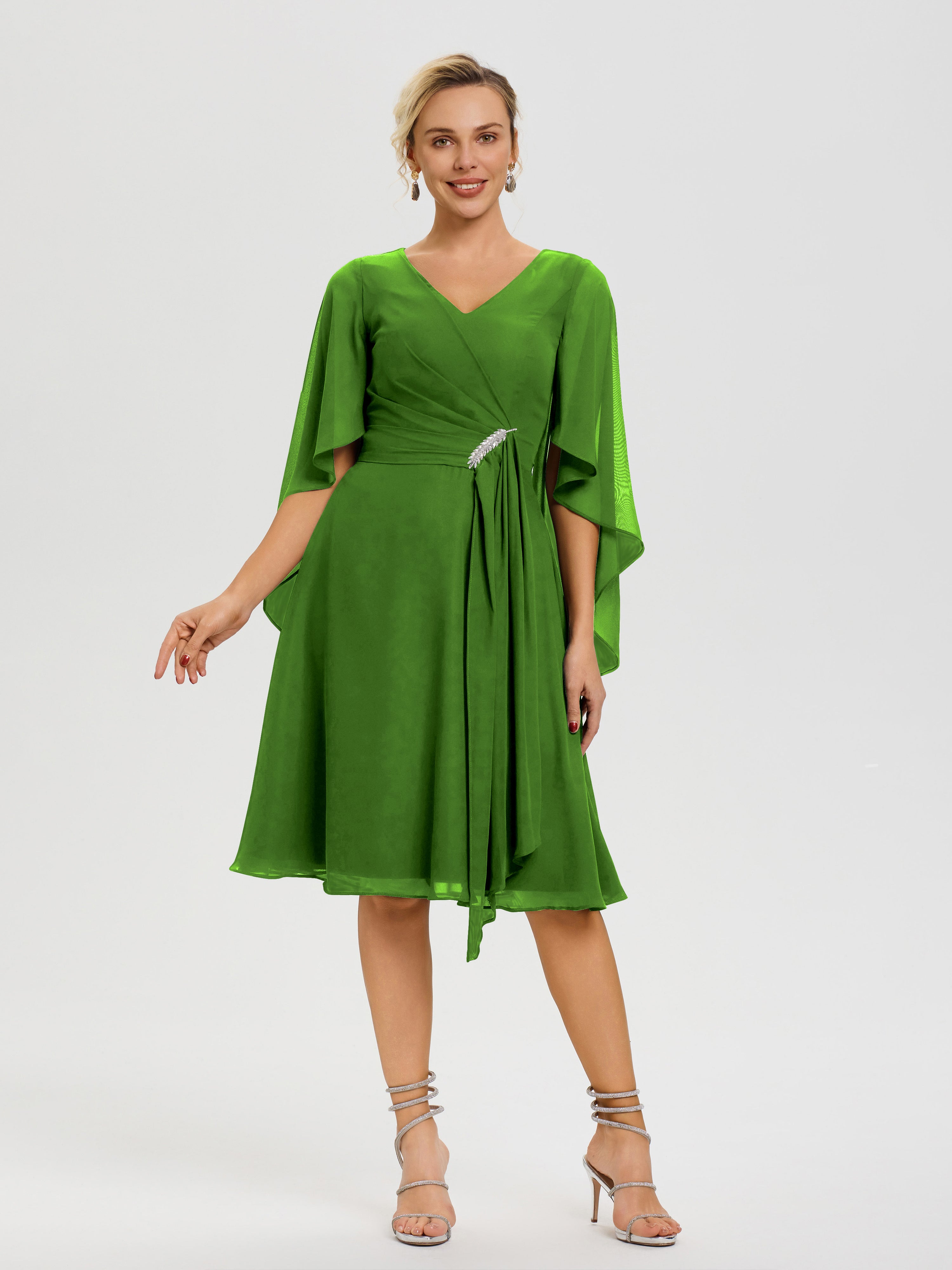 Moss Mother Of The Bride Dresses Elegant V Neck Ruffle Sleeves Back Zip Knee Length Mother Of The Bride Dresses Moss Mother Of The Bride Dresses Elegant V Neck Ruffle Sleeves Back Zip Knee Length Mother Of The Bride Dresses