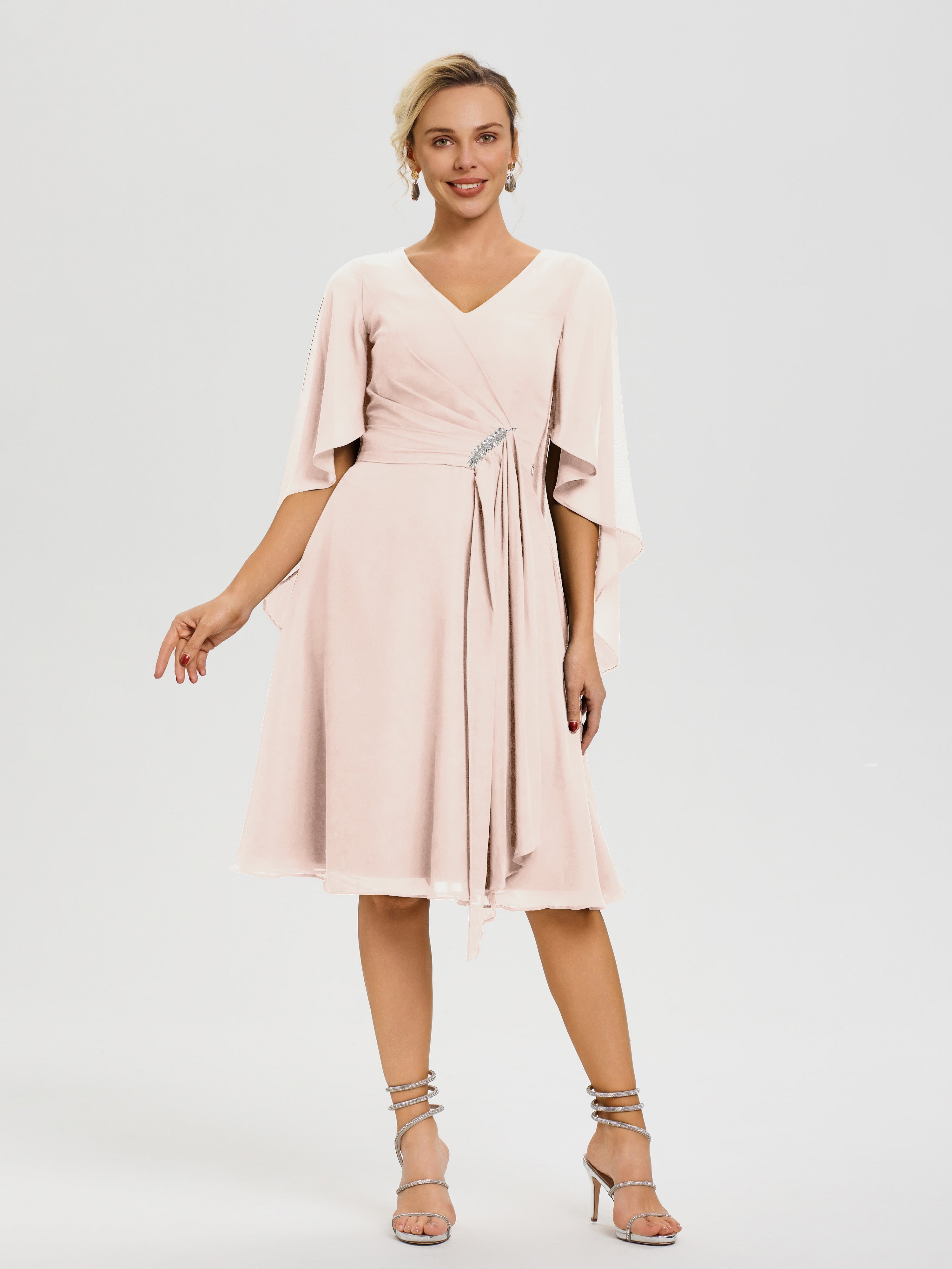 Pearl Pink Mother Of The Bride Dresses Knee Length Elegant V Neck Ruffle Sleeves Back Zip Knee Length Mother Of The Bride Dresses Pearl Pink Mother Of The Bride Dresses Knee Length Elegant V Neck Ruffle Sleeves Back Zip Knee Length Mother Of The Bride Dresses