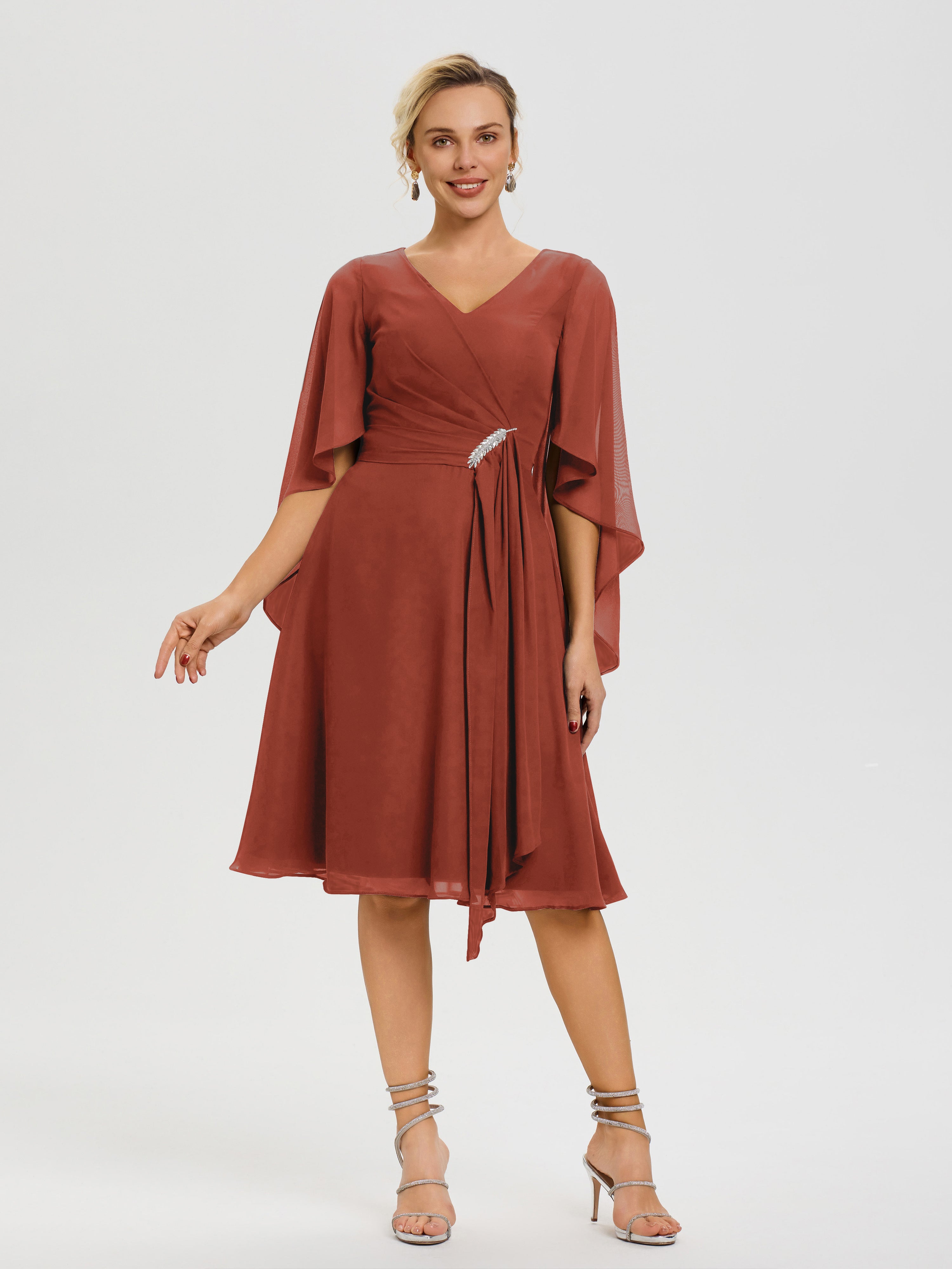 Rust Color Mother Of The Bride Dresses Elegant V Neck Ruffle Sleeves Back Zip Knee Length Mother Of The Bride Dresses Rust Color Mother Of The Bride Dresses Elegant V Neck Ruffle Sleeves Back Zip Knee Length Mother Of The Bride Dresses
