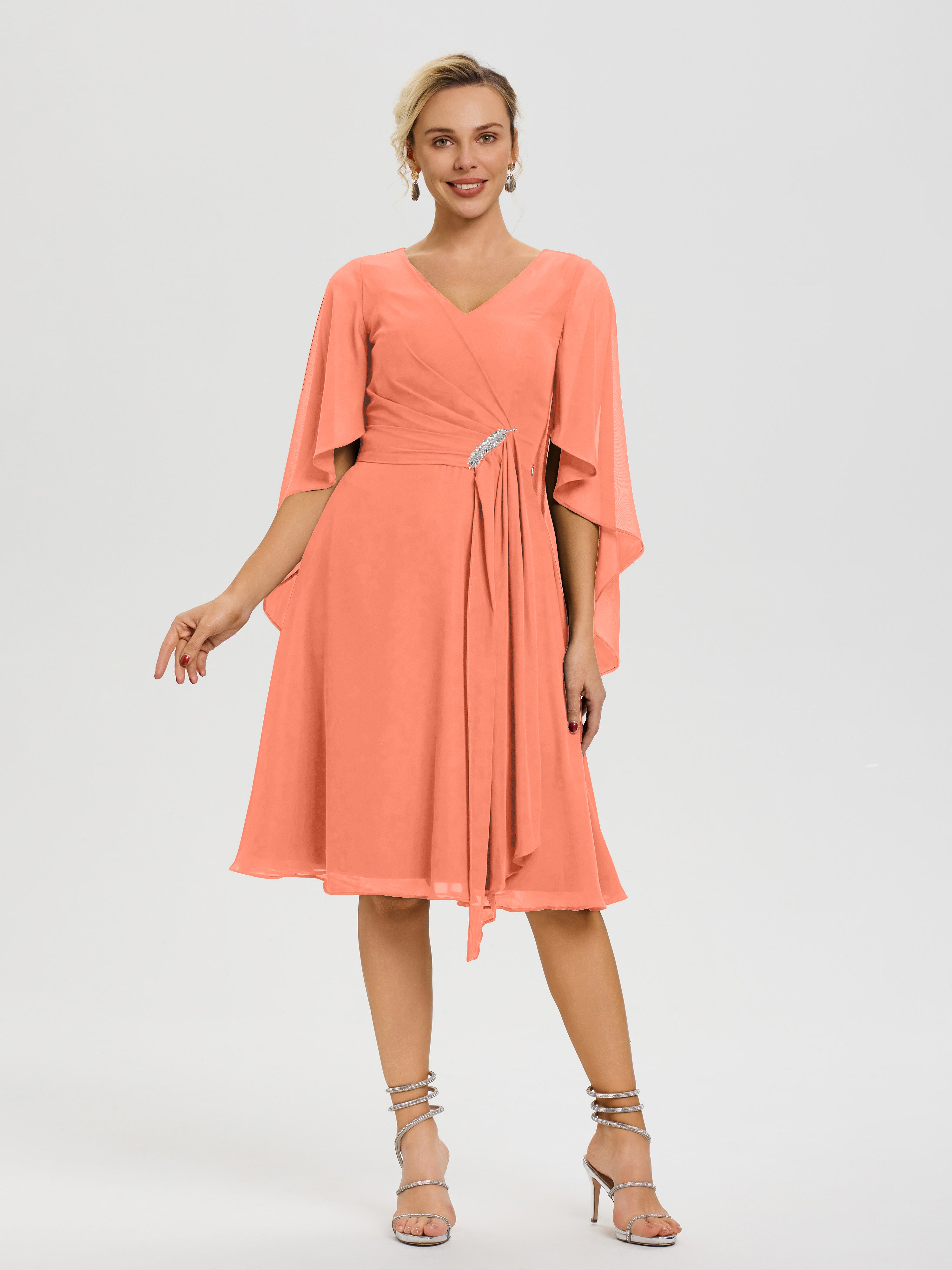 Mother of Bride Sunset Dress Elegant V Neck Ruffle Sleeves Back Zip Knee Length Mother of The Bride Dresses Mother of Bride Sunset Dress Elegant V Neck Ruffle Sleeves Back Zip Knee Length Mother of The Bride Dresses