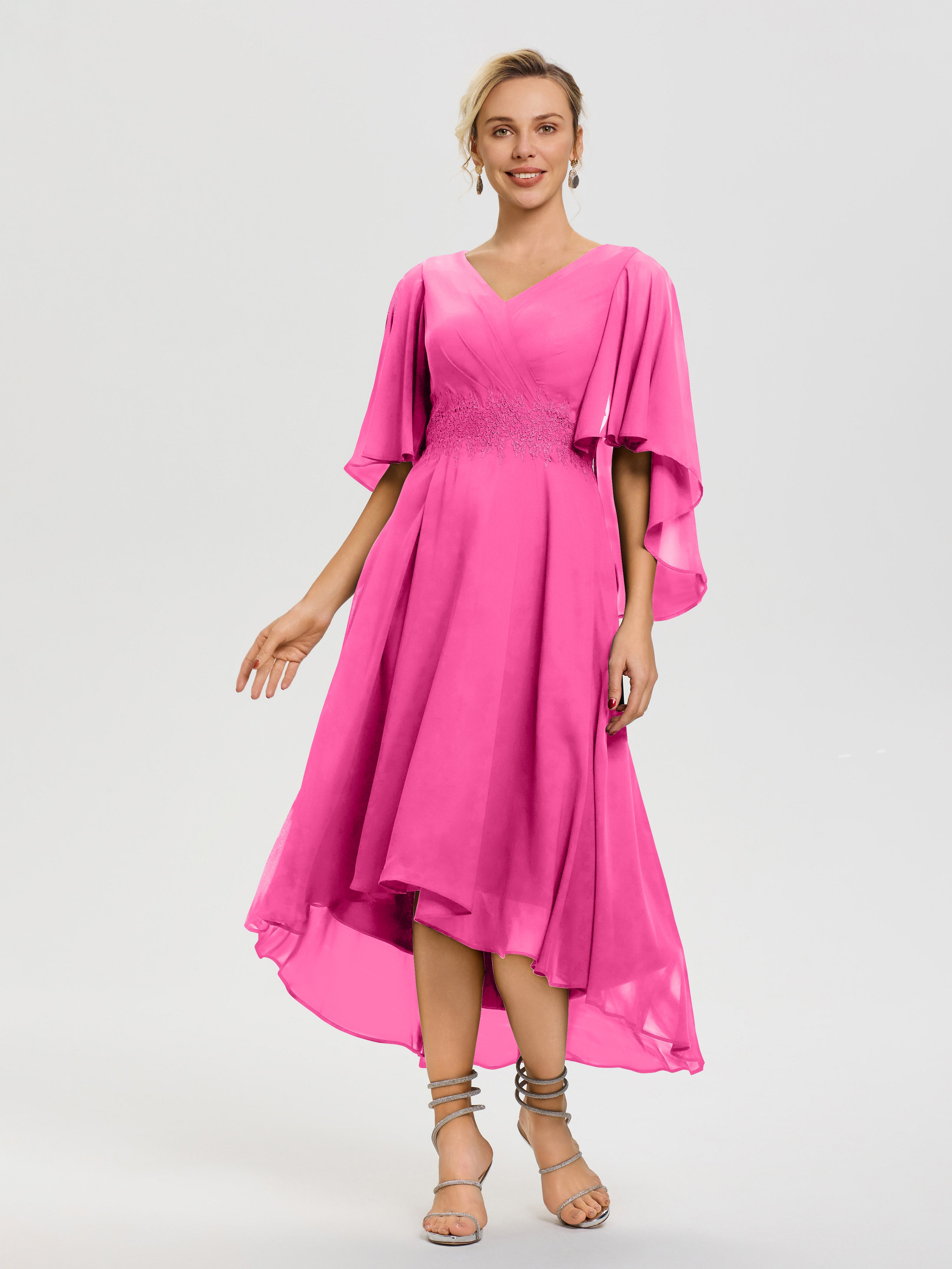 high low hem chiffon dress Ulyana Modest V Neck Ruched High Low Chiffon Mother Of The Bride Dresses, Olive Green