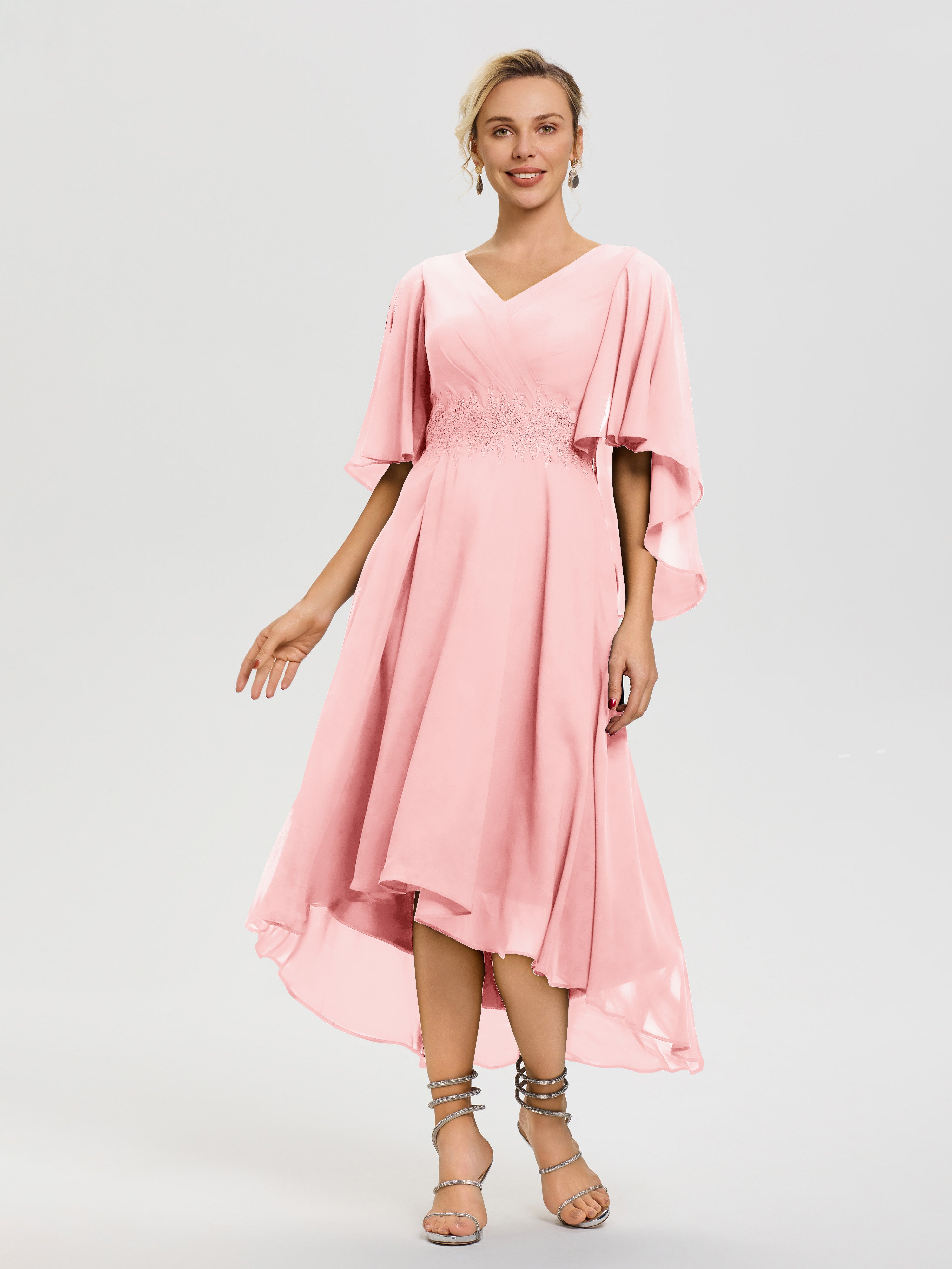 Blush Mother Of The Bride Dresses A Line Chiffon V Neck Ruffle Sleeves Appliques Waist High Low Mother Of The Bride Dresses Blush Mother Of The Bride Dresses A Line Chiffon V Neck Ruffle Sleeves Appliques Waist High Low Mother Of The Bride Dresses