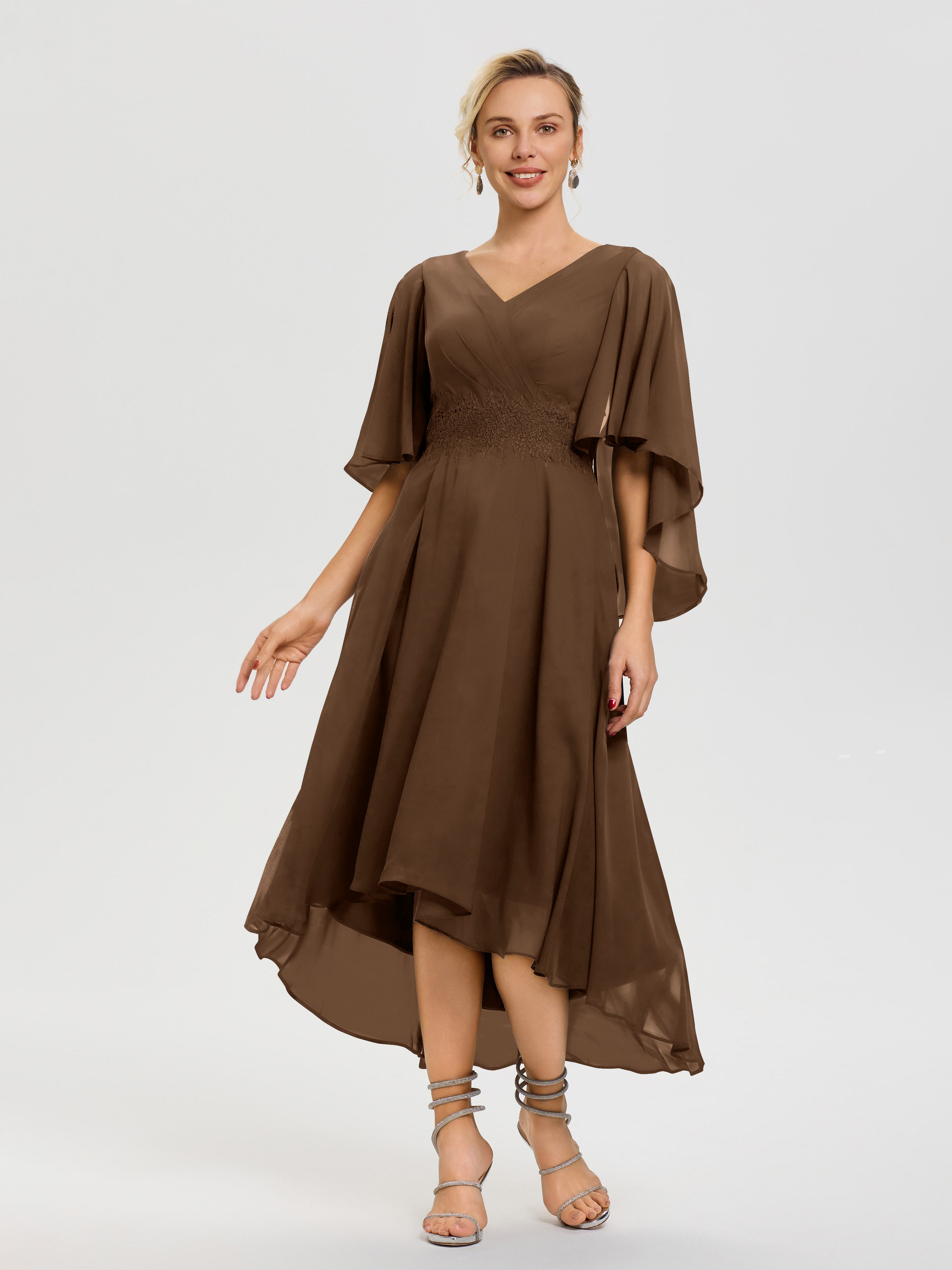 Brown Mother Of The Bride Dresses Plus Size A Line Chiffon V Neck Ruffle Sleeves Appliques Waist High Low Mother Of The Bride Dresses