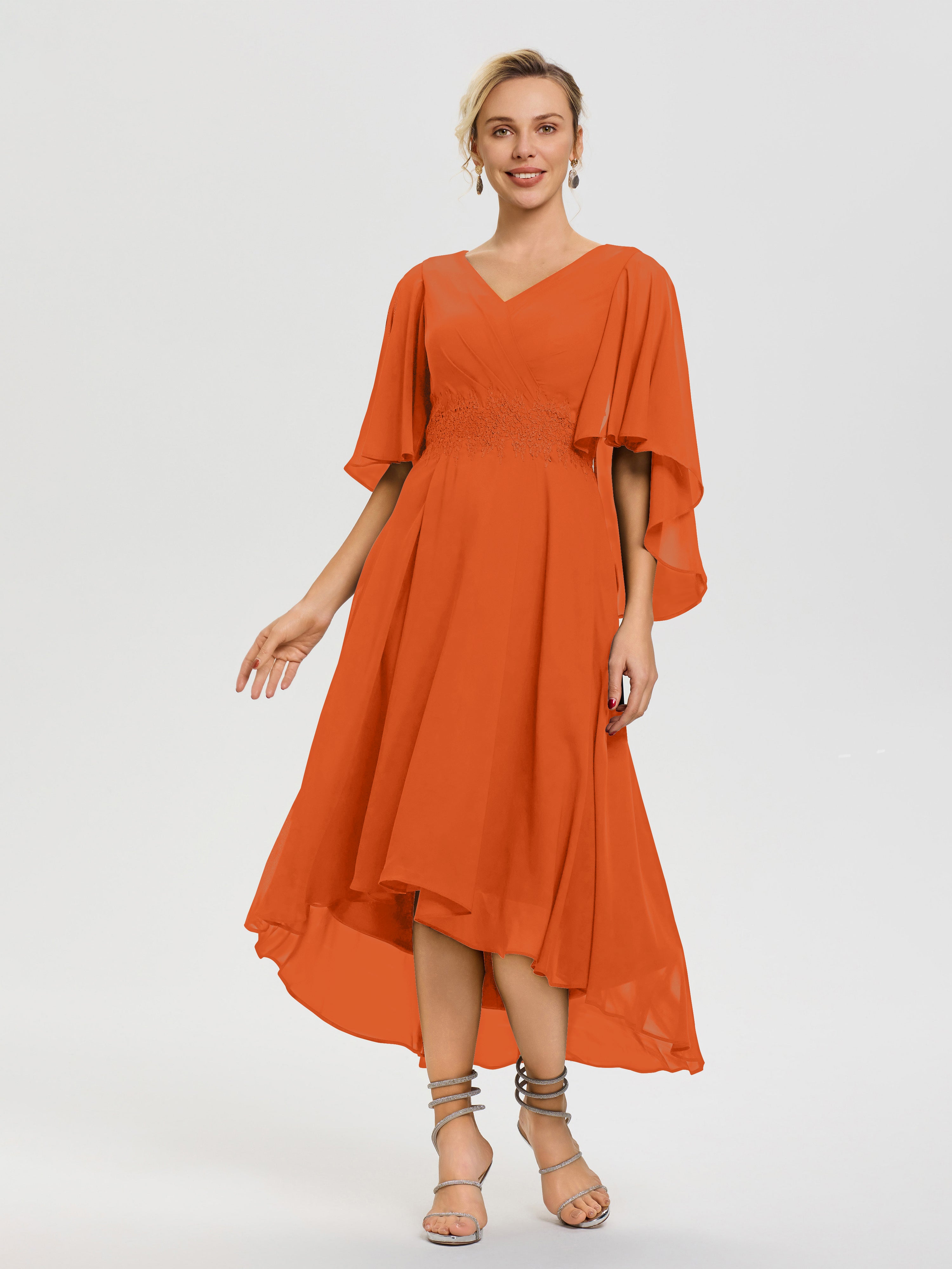 Burnt Orange Mother of The Bride Dresses Plus Size A Line Chiffon V Neck Ruffle Sleeves Appliques Waist High Low Mother of The Bride Dresses Burnt Orange Mother of The Bride Dresses Plus Size A Line Chiffon V Neck Ruffle Sleeves Appliques Waist High Low Mother of The Bride Dresses