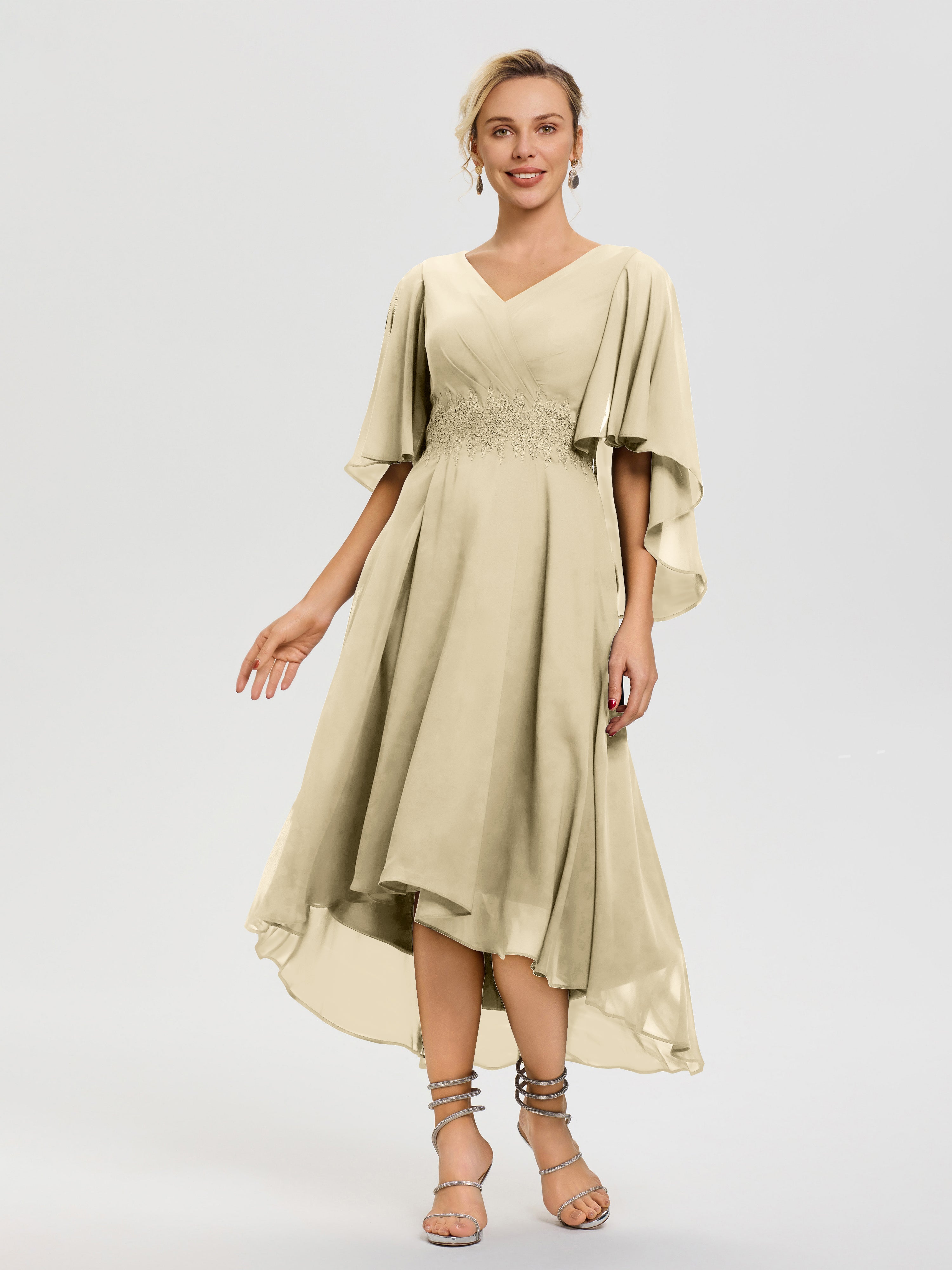 Mother Of The Bride Champagne Dresses A Line Chiffon V Neck Ruffle Sleeves Appliques Waist High Low Mother Of The Bride Dresses Mother Of The Bride Champagne Dresses A Line Chiffon V Neck Ruffle Sleeves Appliques Waist High Low Mother Of The Bride Dresses