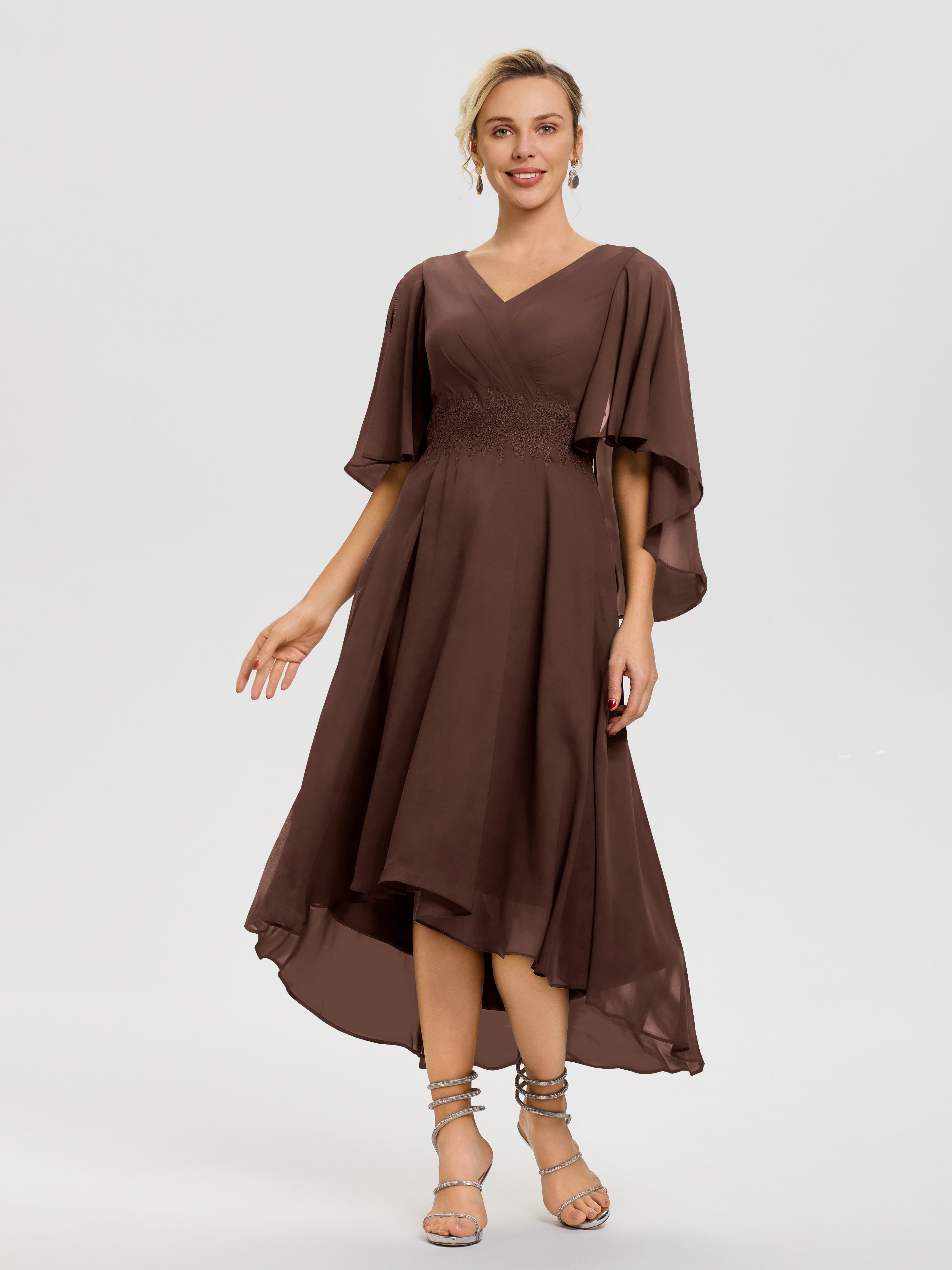 Mother of The Bride Dresses Chocolate Brown A Line Chiffon V Neck Ruffle Sleeves Appliques Waist High Low Mother of The Bride Dresses Mother of The Bride Dresses Chocolate Brown A Line Chiffon V Neck Ruffle Sleeves Appliques Waist High Low Mother of The Bride Dresses