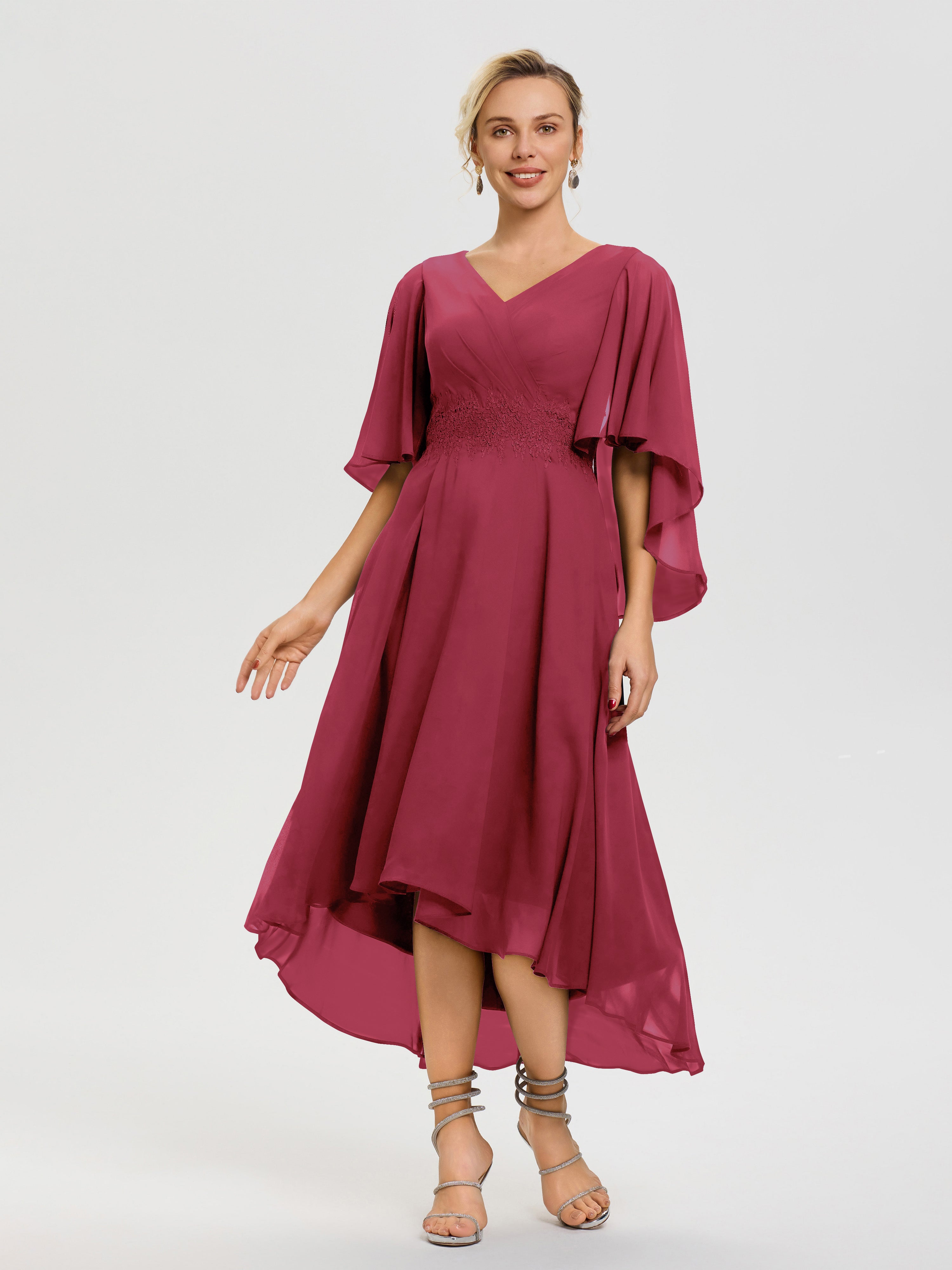 chiffon cocktail dresses Mother Of The Bride Dresses In Cinnamon Rose A Line Chiffon V Neck Ruffle Sleeves Appliques Waist High Low Mother Of The Bride Dresses