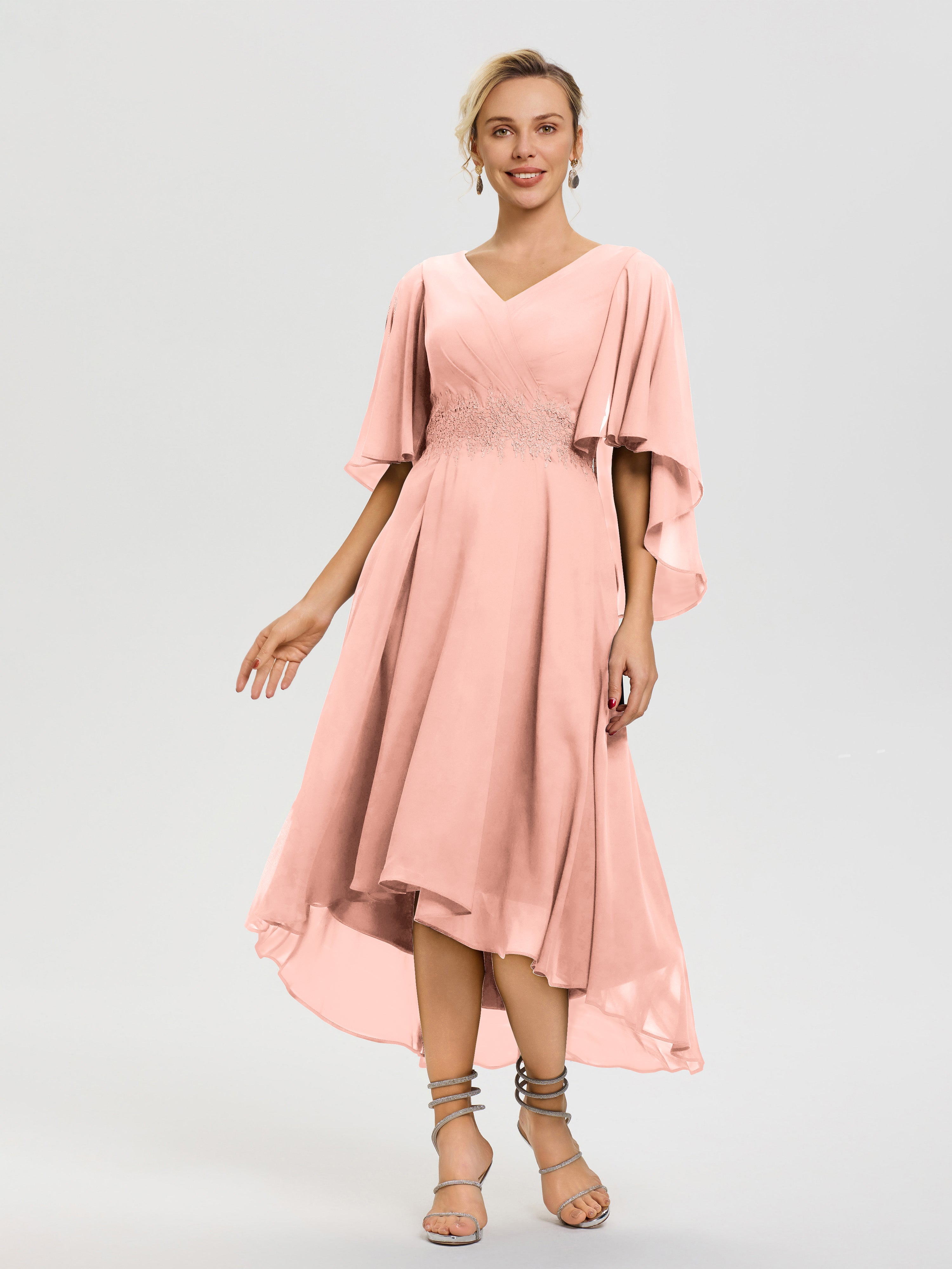 Mother of The Bride Coral Dresses A Line Chiffon V Neck Ruffle Sleeves Appliques Waist High Low Mother of The Bride Dresses Mother of The Bride Coral Dresses A Line Chiffon V Neck Ruffle Sleeves Appliques Waist High Low Mother of The Bride Dresses
