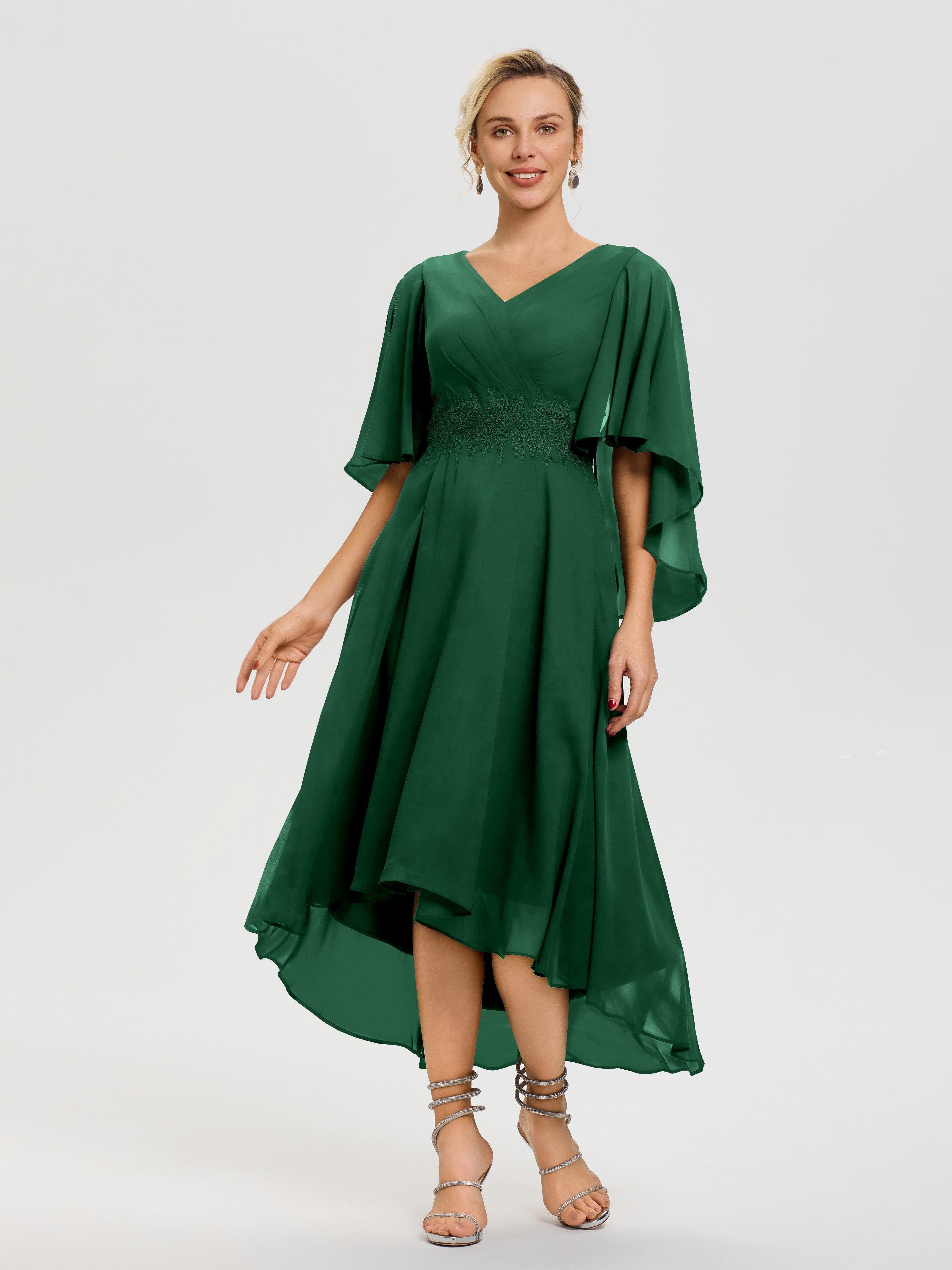 Dark Green Mother Of The Bride Dress Plus Size A Line Chiffon V Neck Ruffle Sleeves Appliques Waist High Low Mother Of The Bride Dresses Dark Green Mother Of The Bride Dress Plus Size A Line Chiffon V Neck Ruffle Sleeves Appliques Waist High Low Mother Of The Bride Dresses