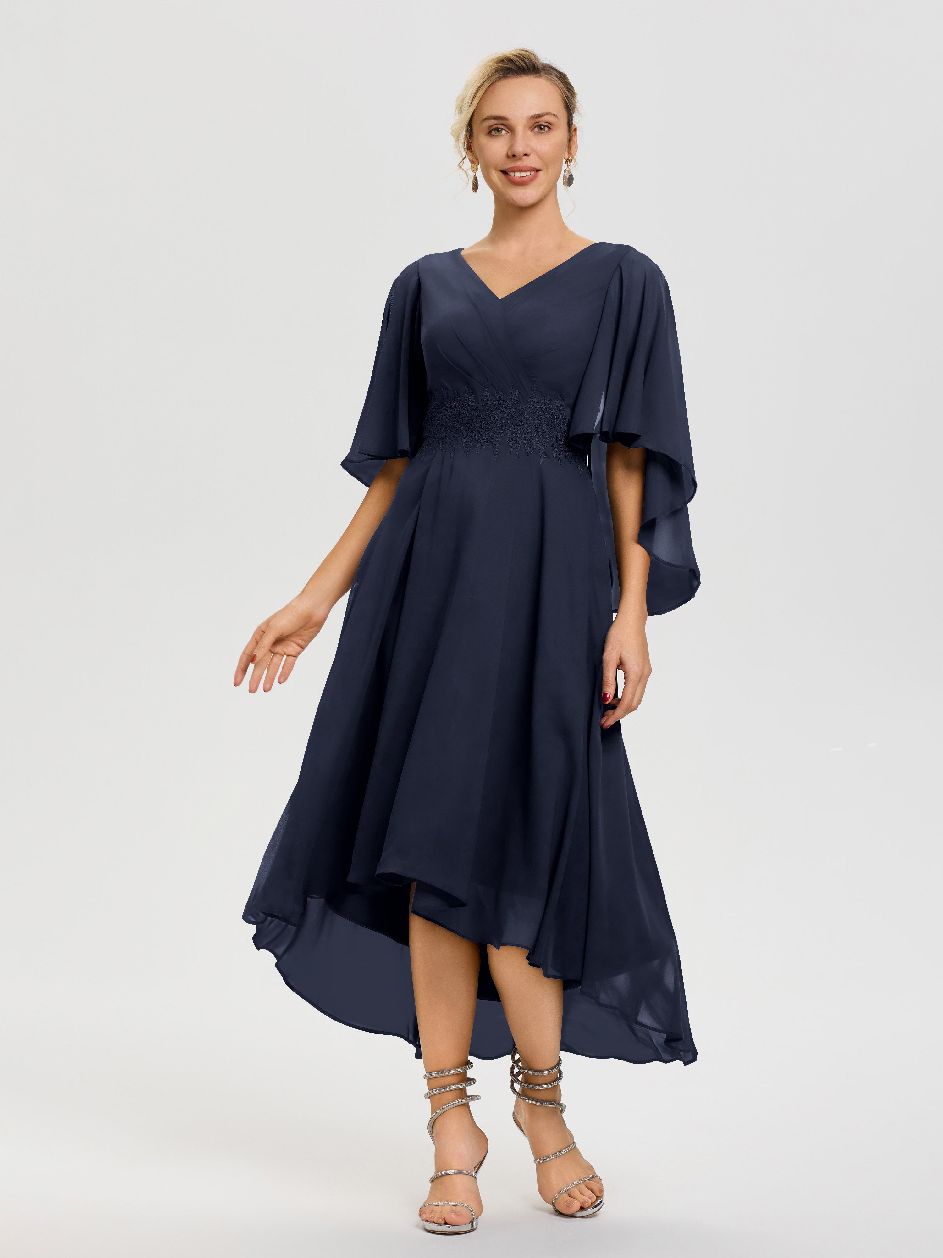 Dark Navy Blue Mother of The Bride Dress with Sleeves A Line Chiffon V Neck Ruffle Sleeves Appliques Waist High Low Mother of The Bride Dresses Dark Navy Blue Mother of The Bride Dress with Sleeves A Line Chiffon V Neck Ruffle Sleeves Appliques Waist High Low Mother of The Bride Dresses