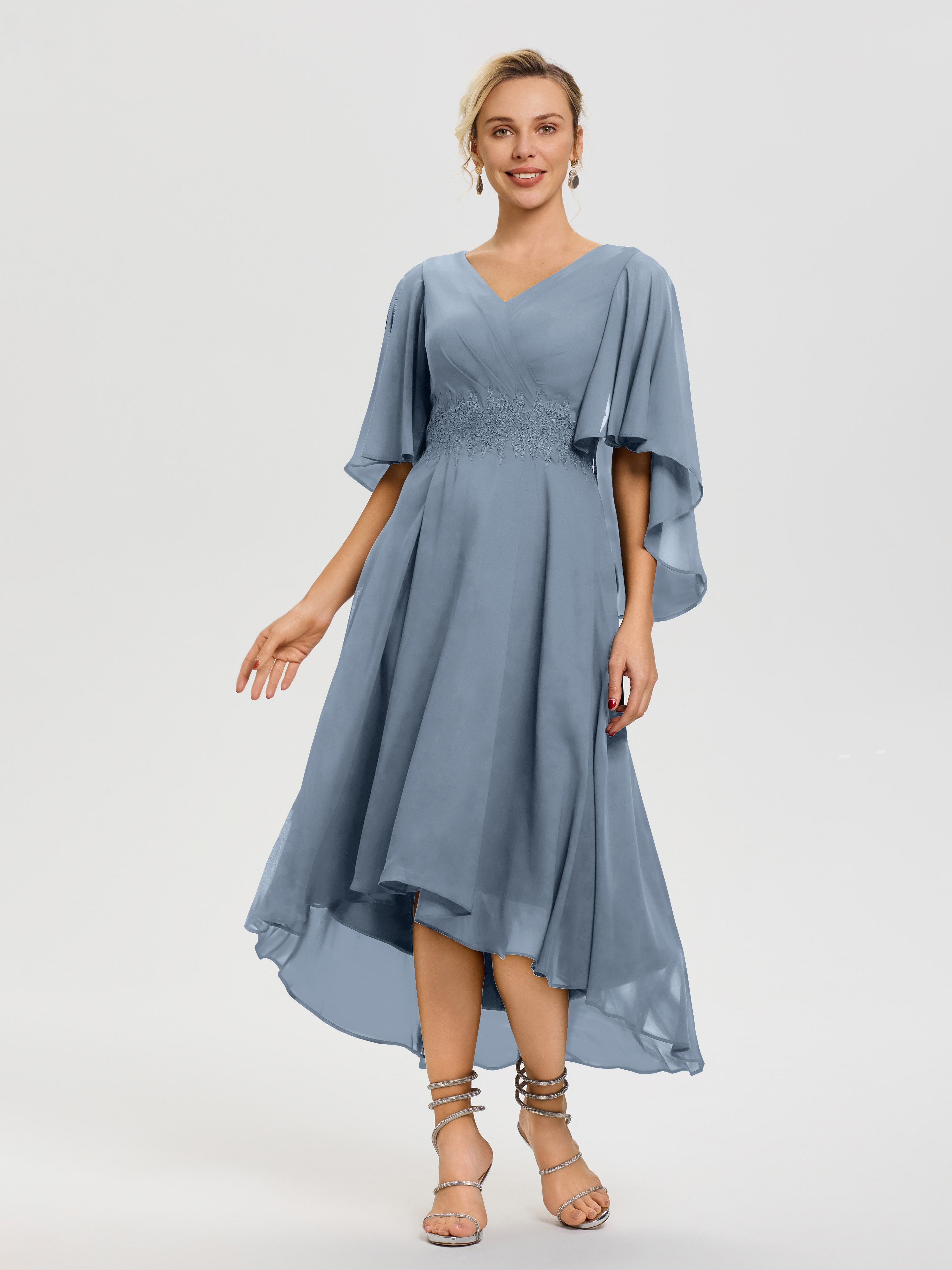 Mother of The Bride Dresses Dusty Blue A Line Chiffon V Neck Ruffle Sleeves Appliques Waist High Low Mother of The Bride Dresses Mother of The Bride Dresses Dusty Blue A Line Chiffon V Neck Ruffle Sleeves Appliques Waist High Low Mother of The Bride Dresses