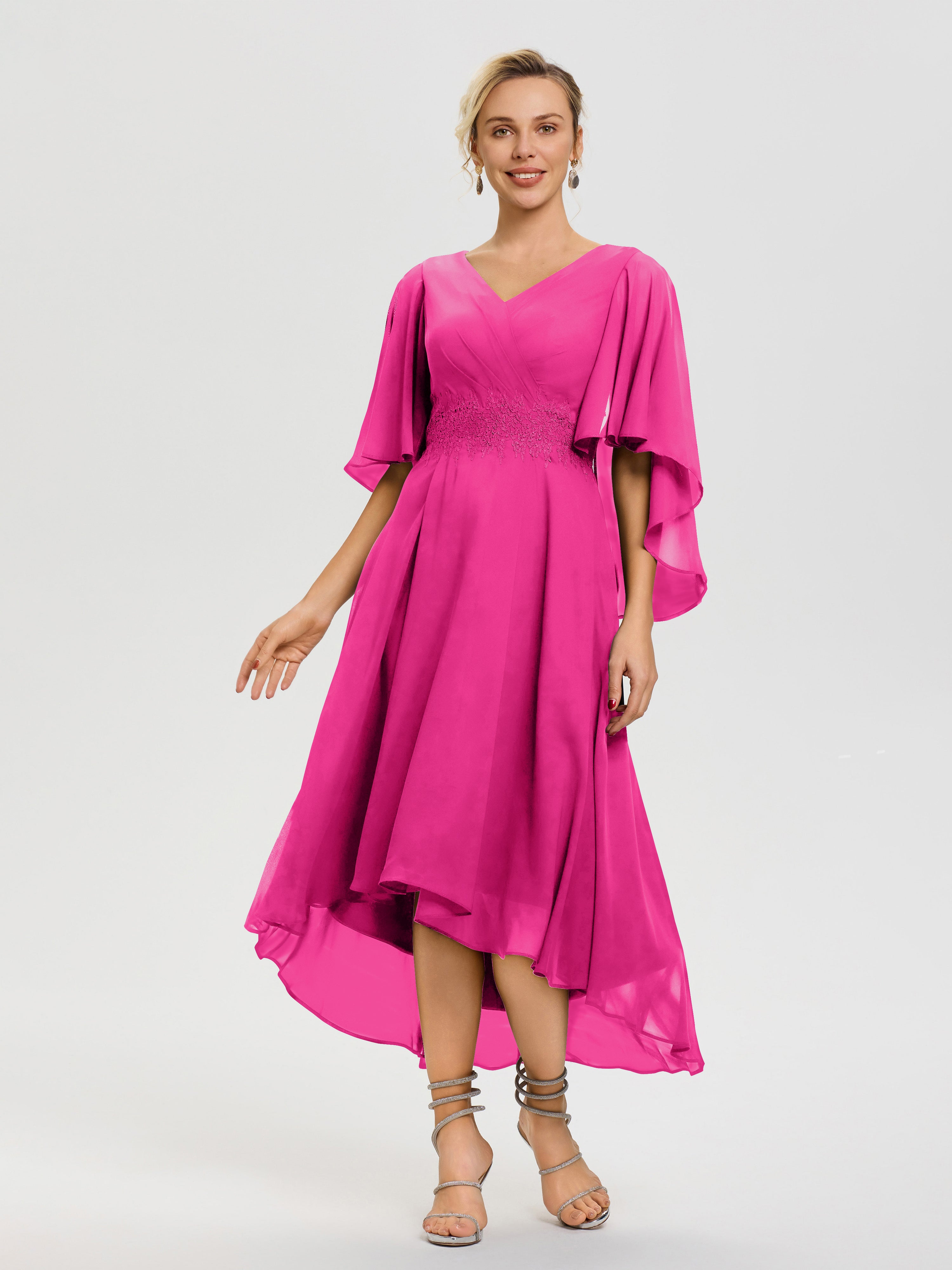Mother Of The Bride Fuchsia Dresses A Line Chiffon V Neck Ruffle Sleeves Appliques Waist High Low Mother Of The Bride Dresses Mother Of The Bride Fuchsia Dresses A Line Chiffon V Neck Ruffle Sleeves Appliques Waist High Low Mother Of The Bride Dresses