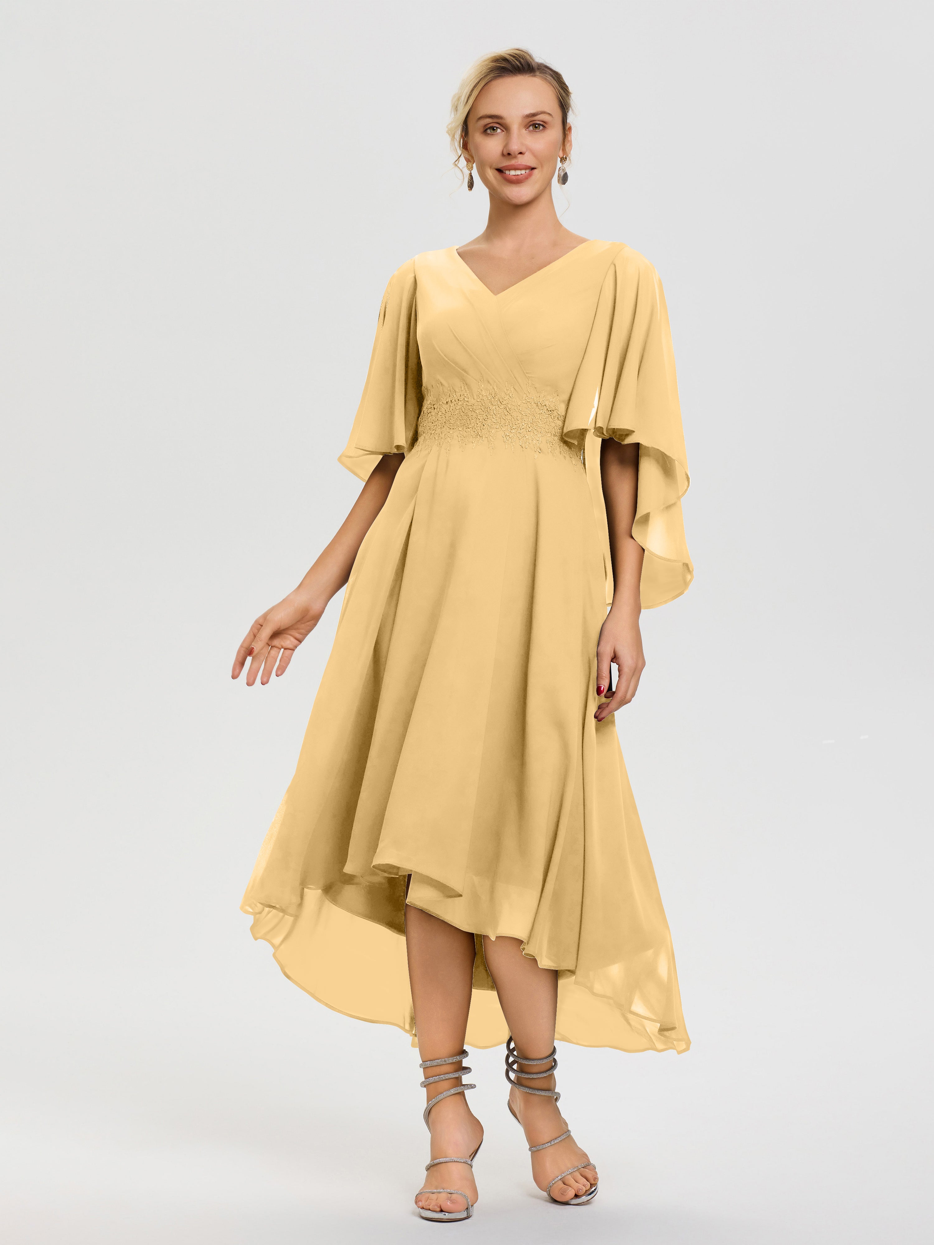 Mother Of The Bride Dresses Gold Chiffon A Line Chiffon V Neck Ruffle Sleeves Appliques Waist High Low Mother Of The Bride Dresses Mother Of The Bride Dresses Gold Chiffon A Line Chiffon V Neck Ruffle Sleeves Appliques Waist High Low Mother Of The Bride Dresses