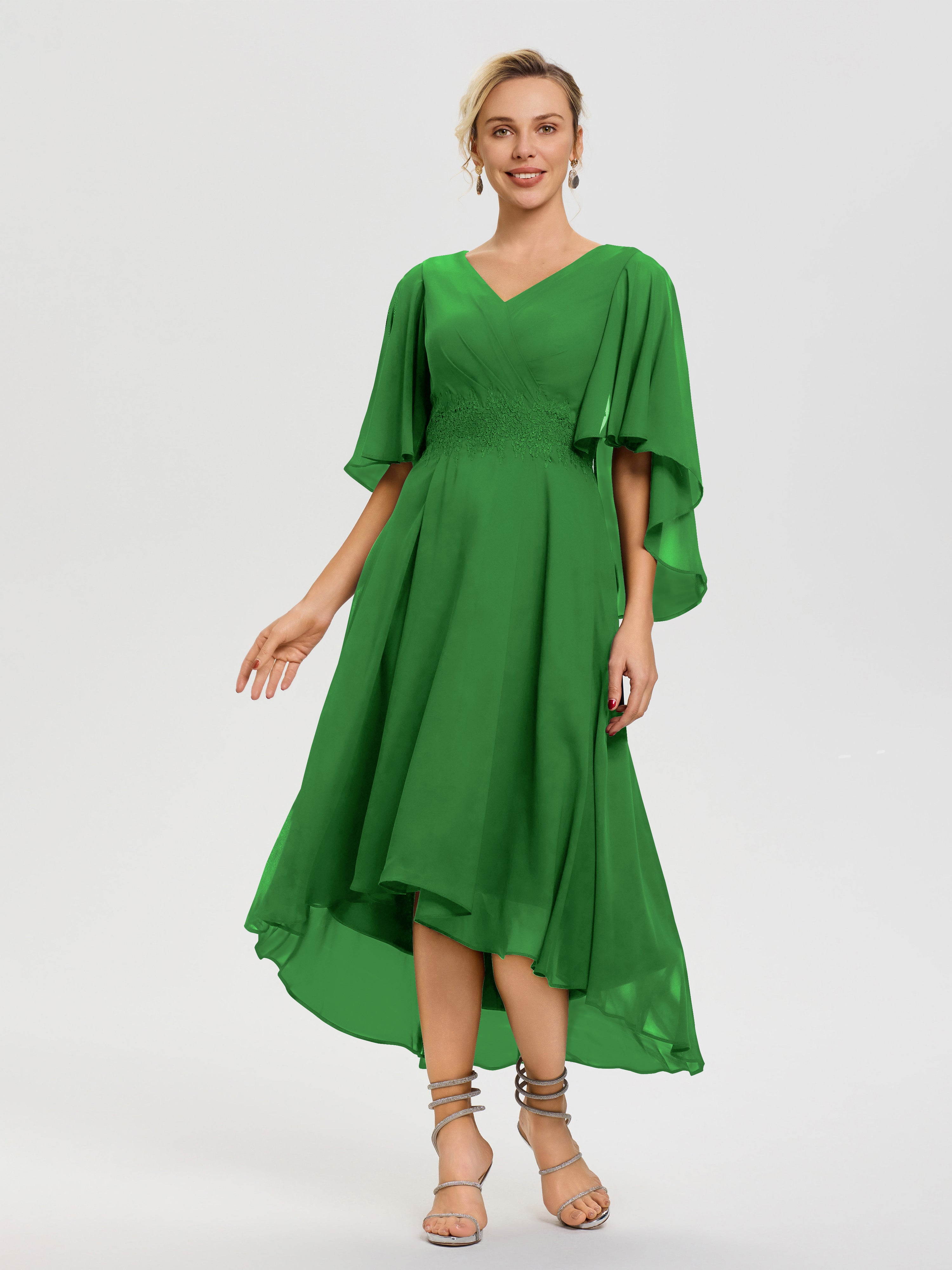 Mother Of The Bride Dresses Green A Line Chiffon V Neck Ruffle Sleeves Appliques Waist High Low Mother Of The Bride Dresses