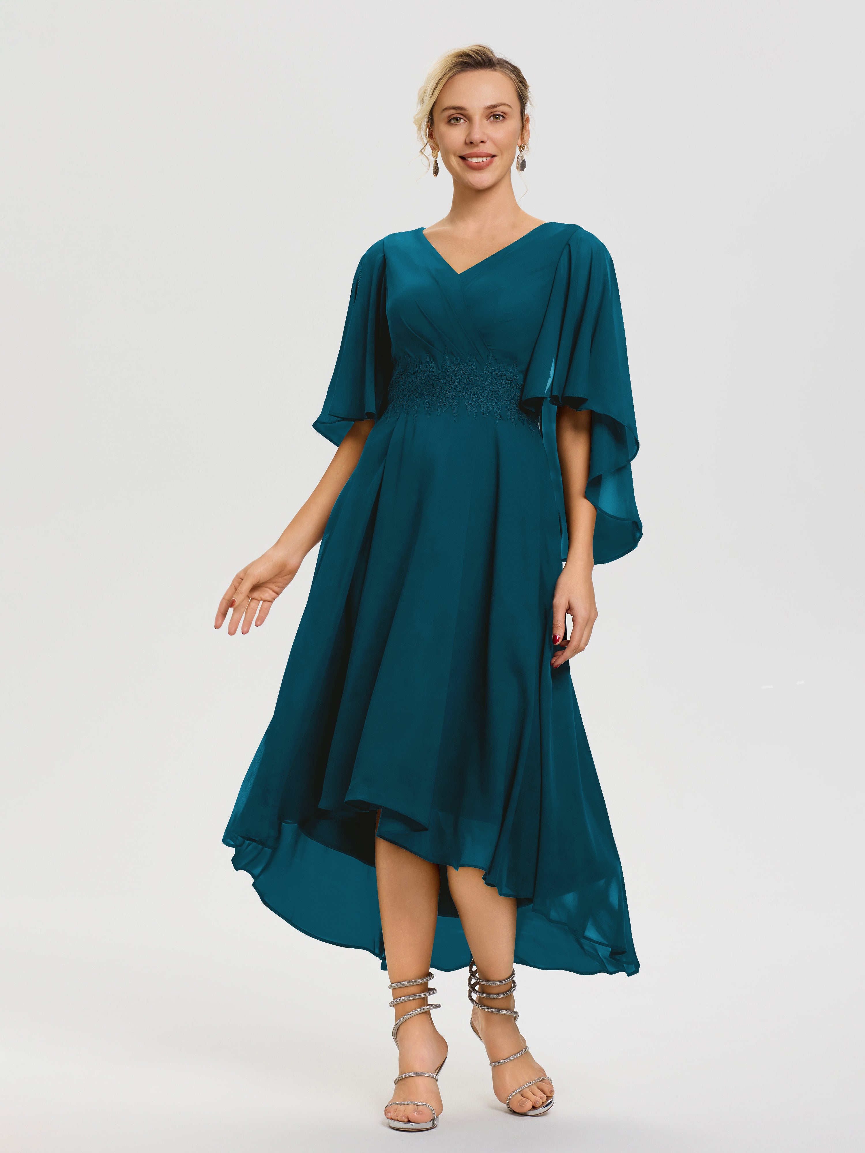 Ink Blue Mother of The Bride Dress Near Me A Line Chiffon V Neck Ruffle Sleeves Appliques Waist High Low Mother of The Bride Dresses Ink Blue Mother of The Bride Dress Near Me A Line Chiffon V Neck Ruffle Sleeves Appliques Waist High Low Mother of The Bride Dresses