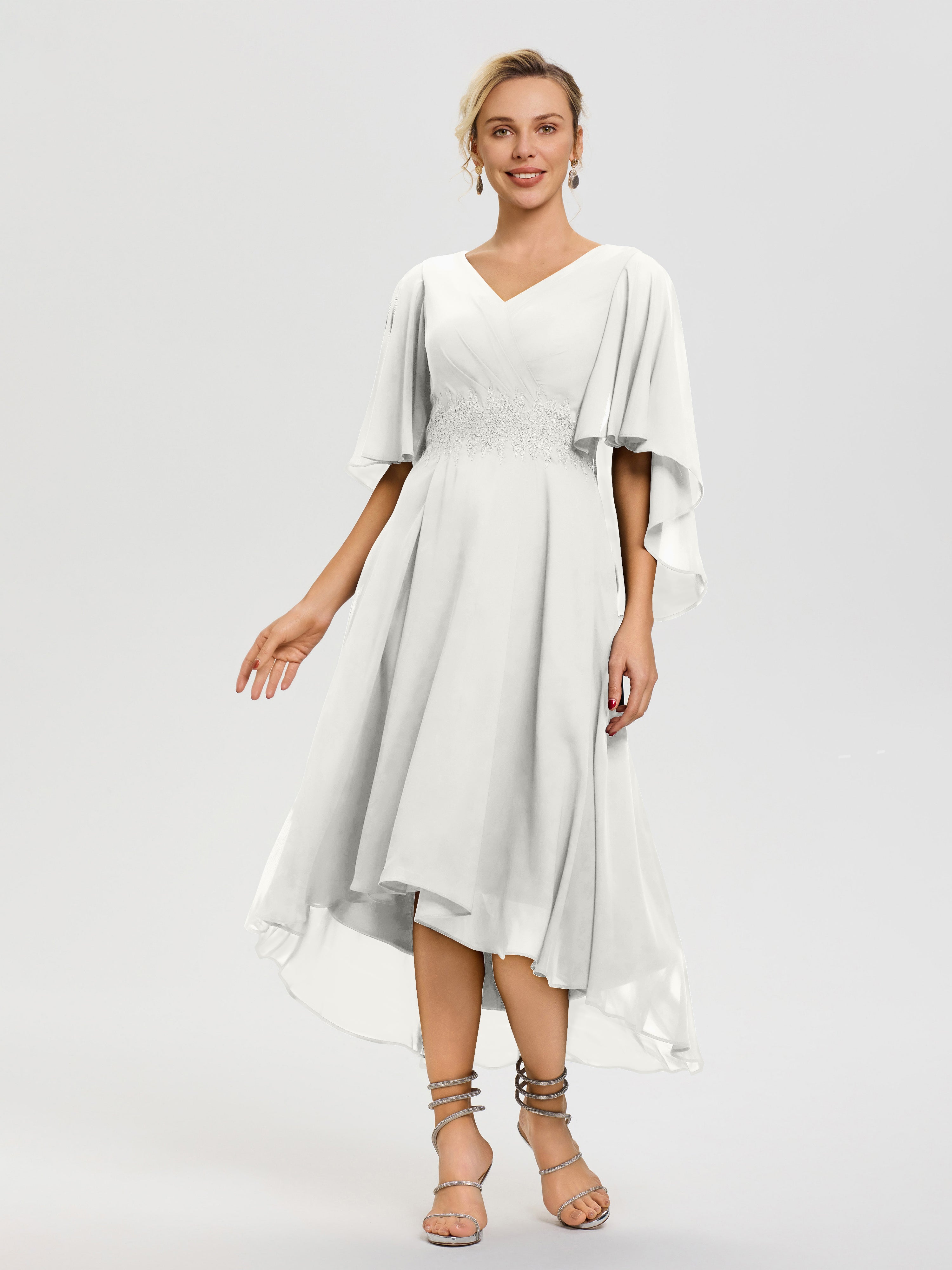 Ivory Lace Mother of The Bride Dress A Line Chiffon V Neck Ruffle Sleeves Appliques Waist High Low Mother of The Bride Dresses Ivory Lace Mother of The Bride Dress A Line Chiffon V Neck Ruffle Sleeves Appliques Waist High Low Mother of The Bride Dresses