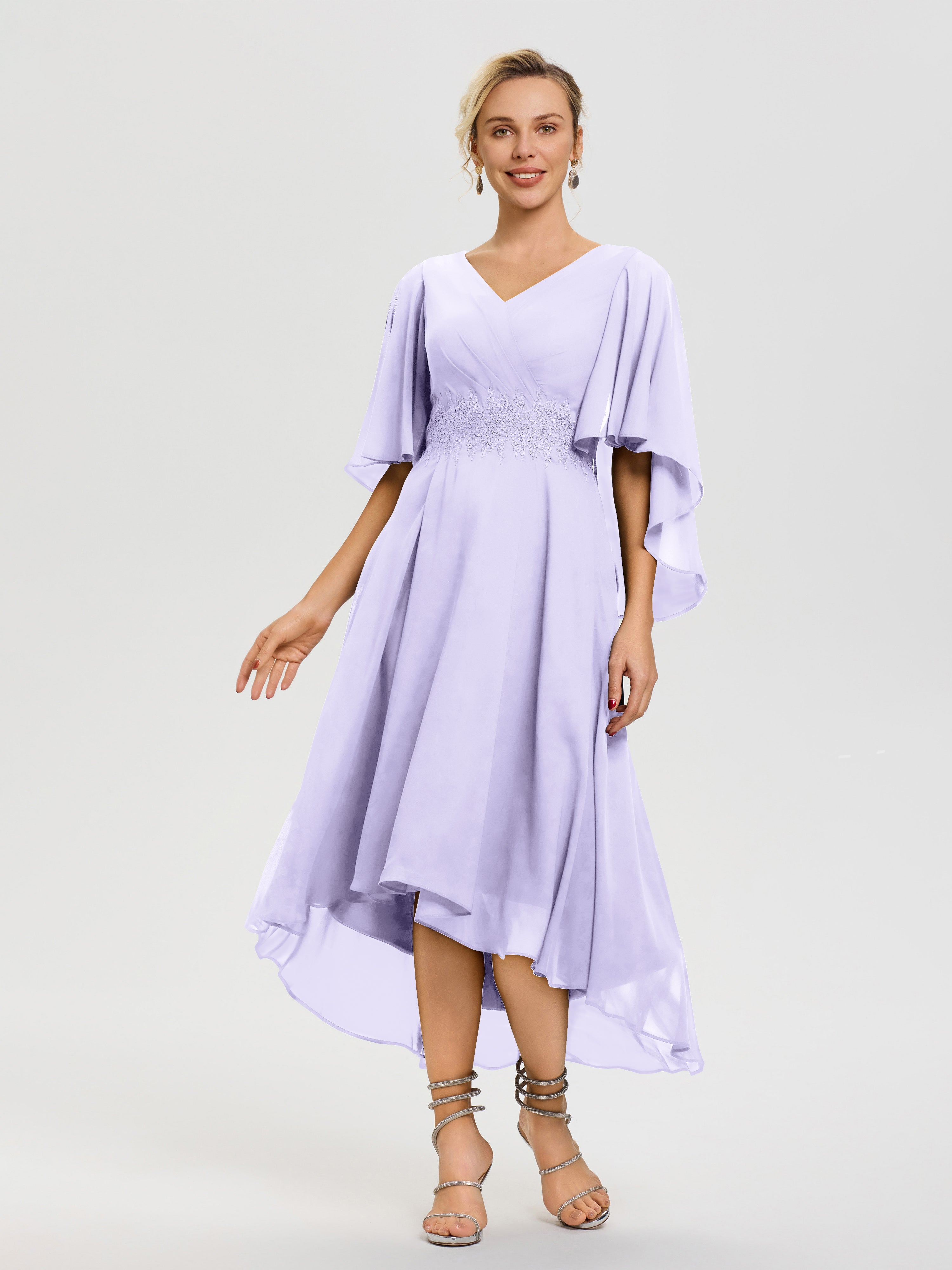 Lilac Mother of Bride Dress A Line Chiffon V Neck Ruffle Sleeves Appliques Waist High Low Mother of The Bride Dresses Lilac Mother of Bride Dress A Line Chiffon V Neck Ruffle Sleeves Appliques Waist High Low Mother of The Bride Dresses