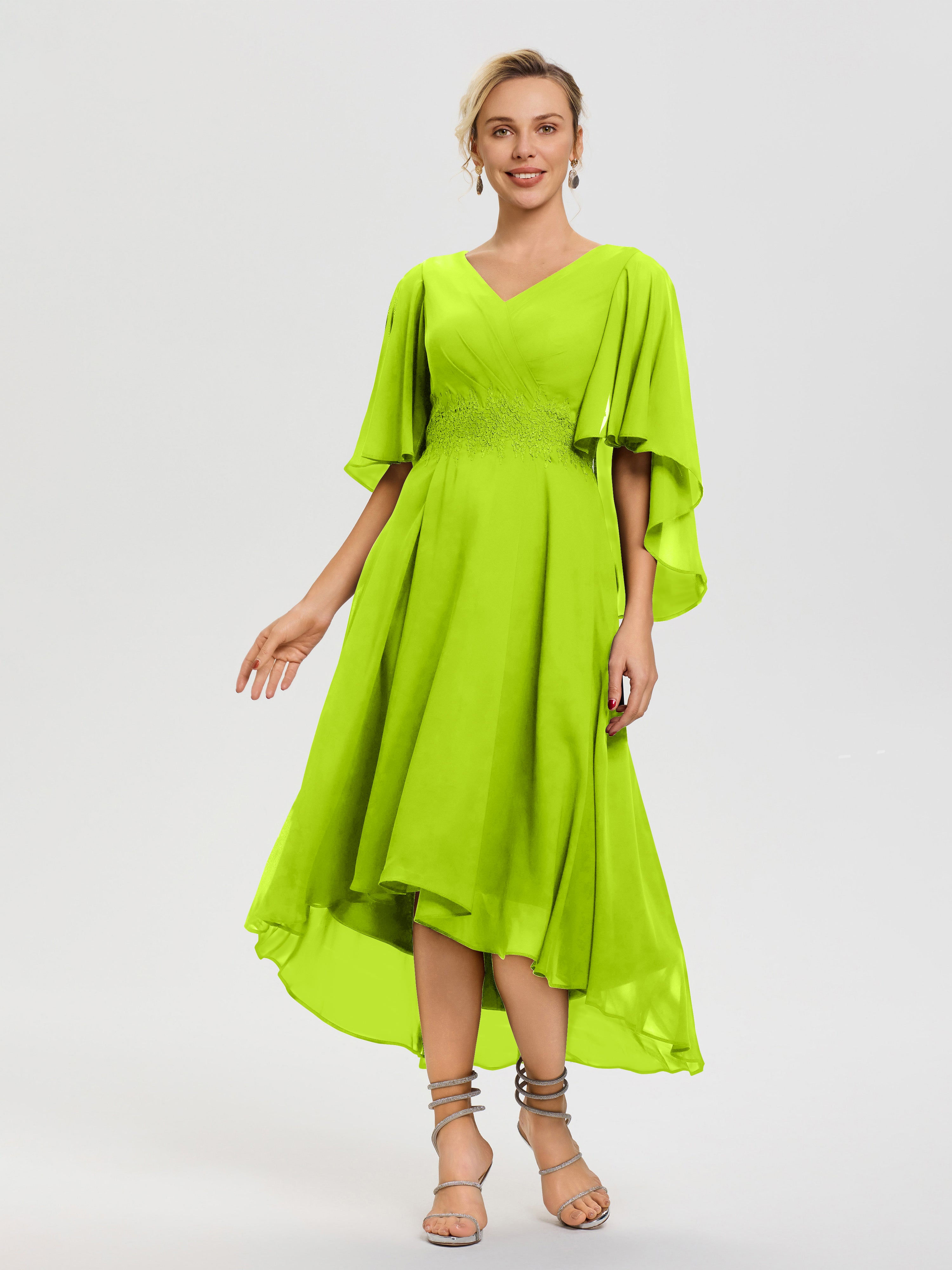 Lime Green Mother Of The Bride Outfits A Line Chiffon V Neck Ruffle Sleeves Appliques Waist High Low Mother Of The Bride Dresses Lime Green Mother Of The Bride Outfits A Line Chiffon V Neck Ruffle Sleeves Appliques Waist High Low Mother Of The Bride Dresses