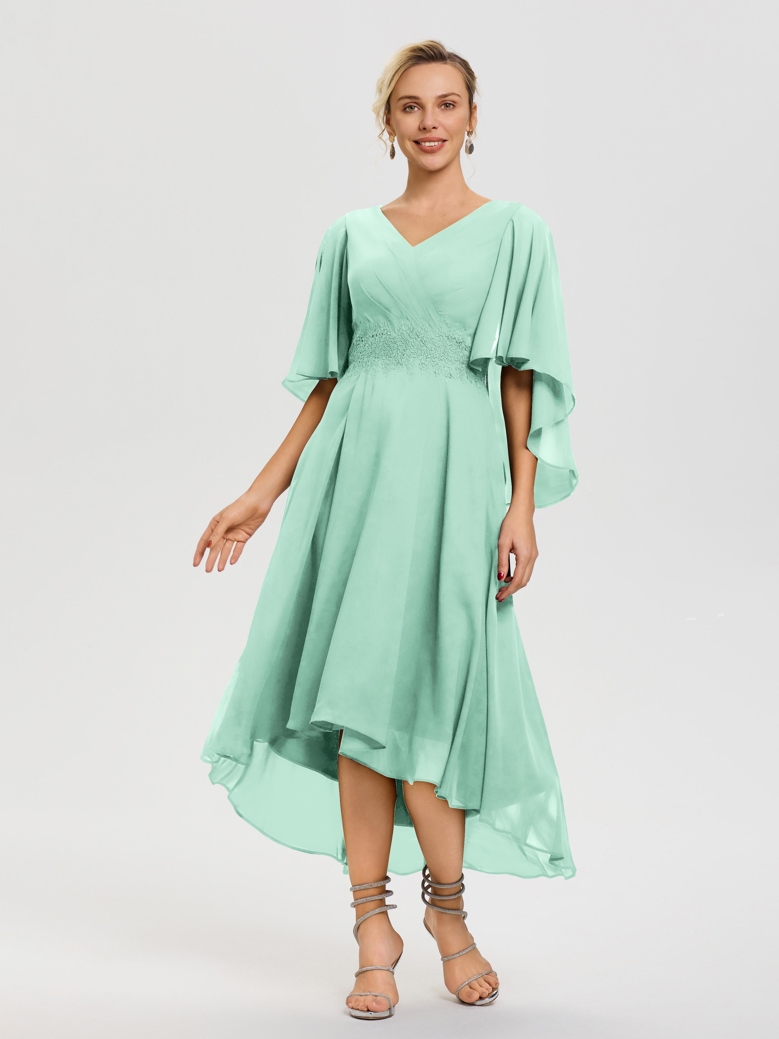Mother Of The Bride Dresses In Mint Green A Line Chiffon V Neck Ruffle Sleeves Appliques Waist High Low Mother Of The Bride Dresses Mother Of The Bride Dresses In Mint Green A Line Chiffon V Neck Ruffle Sleeves Appliques Waist High Low Mother Of The Bride Dresses