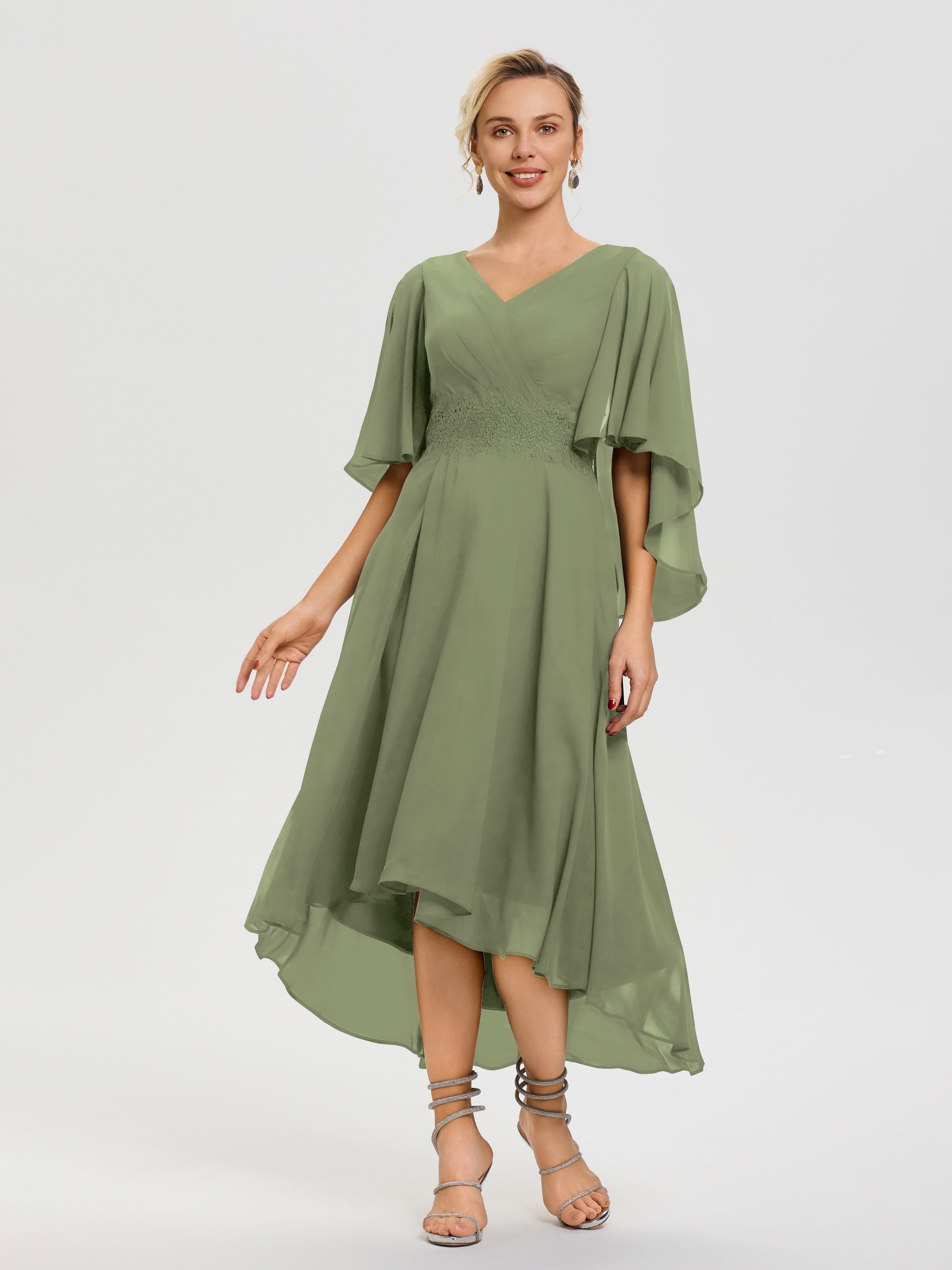 Olive Green Mother Of The Bride Dress A Line Chiffon V Neck Ruffle Sleeves Appliques Waist High Low Mother Of The Bride Dresses Olive Green Mother Of The Bride Dress A Line Chiffon V Neck Ruffle Sleeves Appliques Waist High Low Mother Of The Bride Dresses