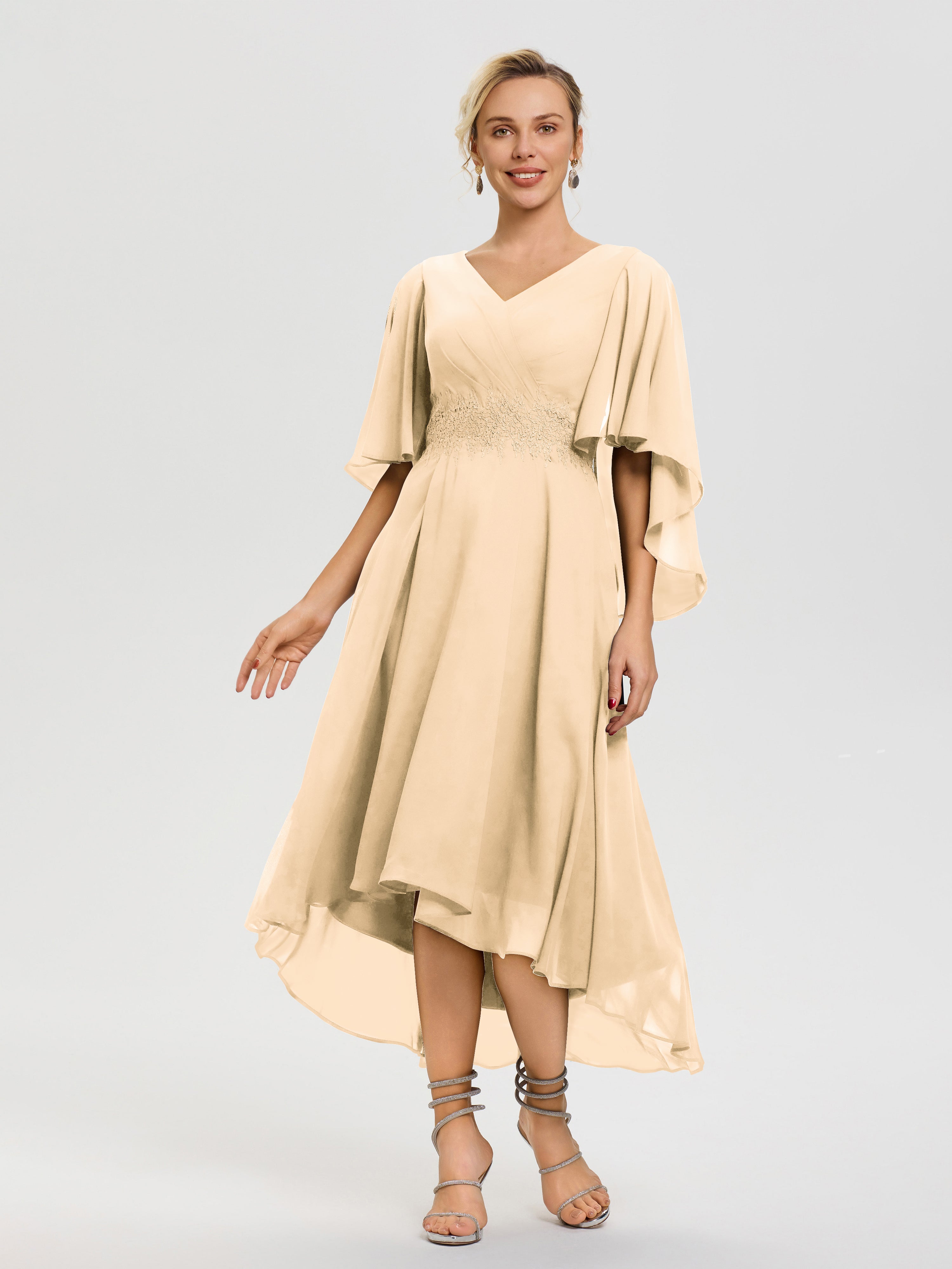 Peach Mother Of The Bride Gown A Line Chiffon V Neck Ruffle Sleeves Appliques Waist High Low Mother Of The Bride Dresses Peach Mother Of The Bride Gown A Line Chiffon V Neck Ruffle Sleeves Appliques Waist High Low Mother Of The Bride Dresses