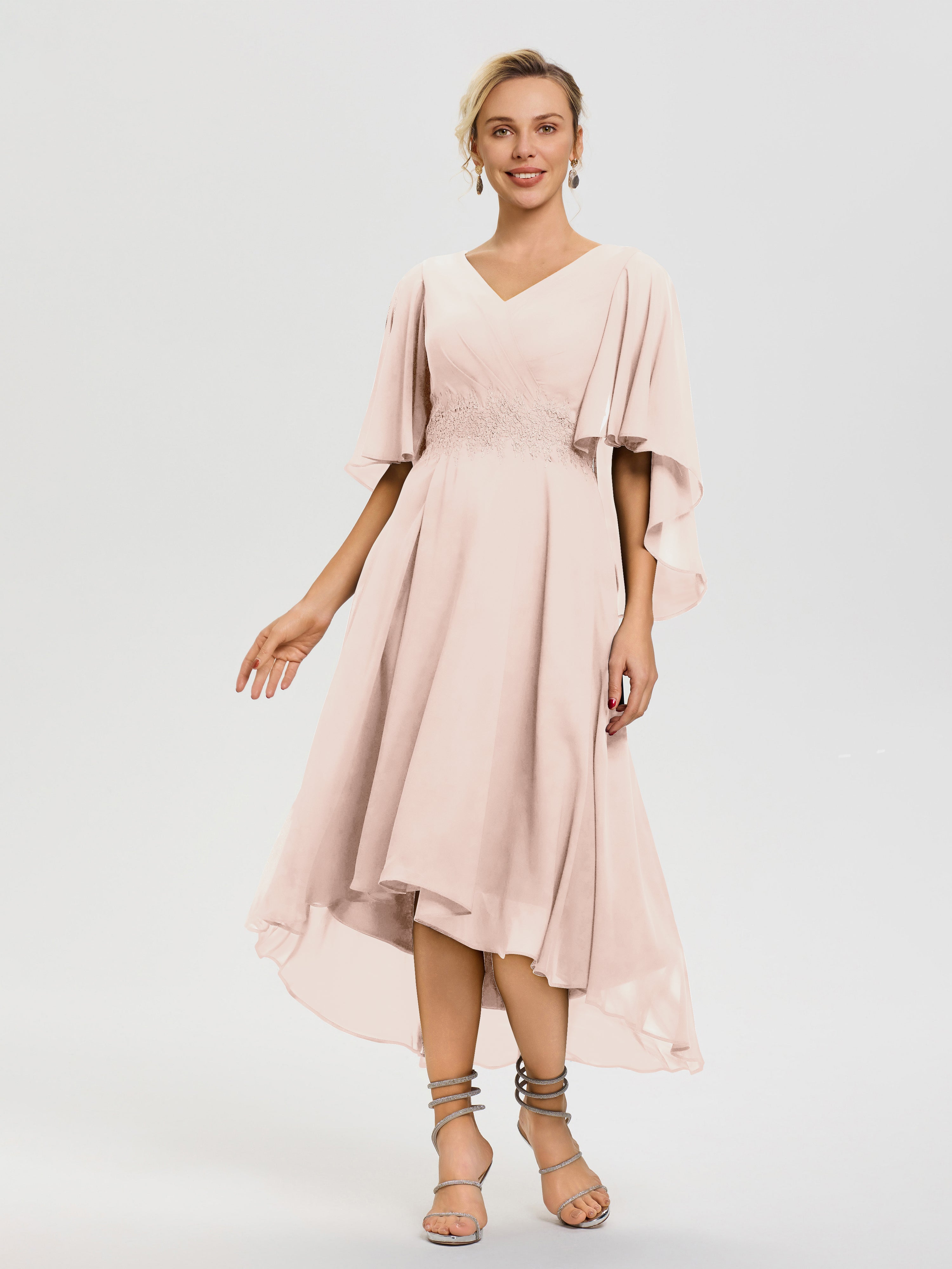 pearl pink dress chiffon Women's Elegant Rose Pink Pearl Chiffon V-neck Tie-waist Long Dress