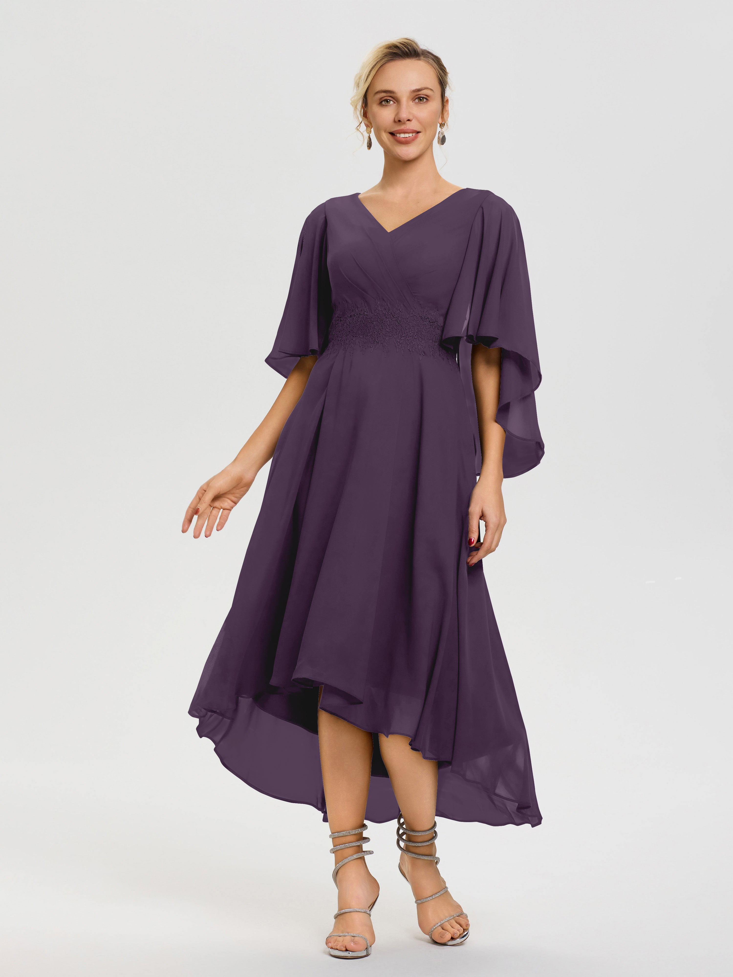 Plum Mother Of Bride Dress A Line Chiffon V Neck Ruffle Sleeves Appliques Waist High Low Mother Of The Bride Dresses Plum Mother Of Bride Dress A Line Chiffon V Neck Ruffle Sleeves Appliques Waist High Low Mother Of The Bride Dresses