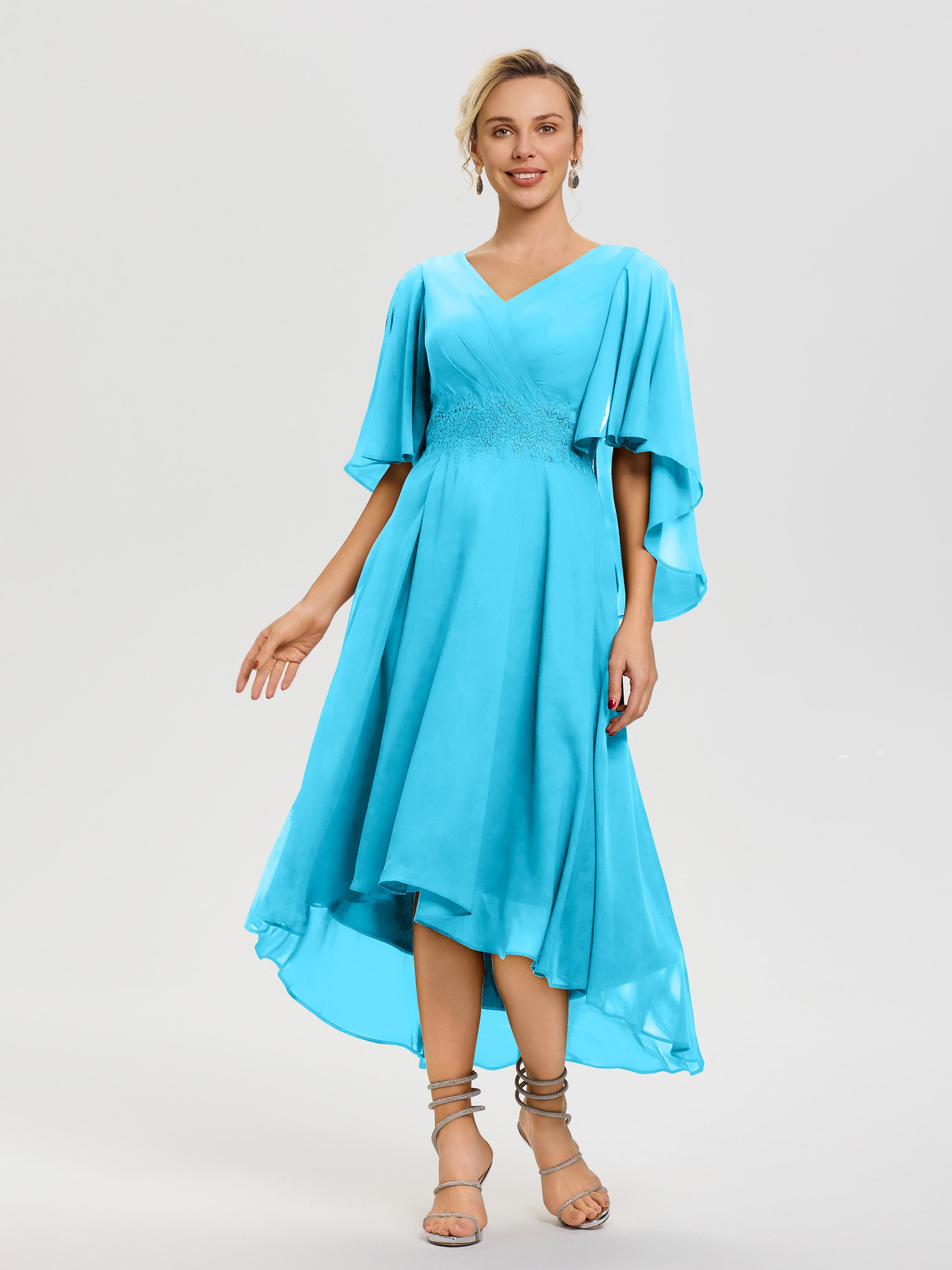 Pool Colored Dresses for Mother of The Bride A Line Chiffon V Neck Ruffle Sleeves Appliques Waist High Low Mother of The Bride Dresses Pool Colored Dresses for Mother of The Bride A Line Chiffon V Neck Ruffle Sleeves Appliques Waist High Low Mother of The Bride Dresses
