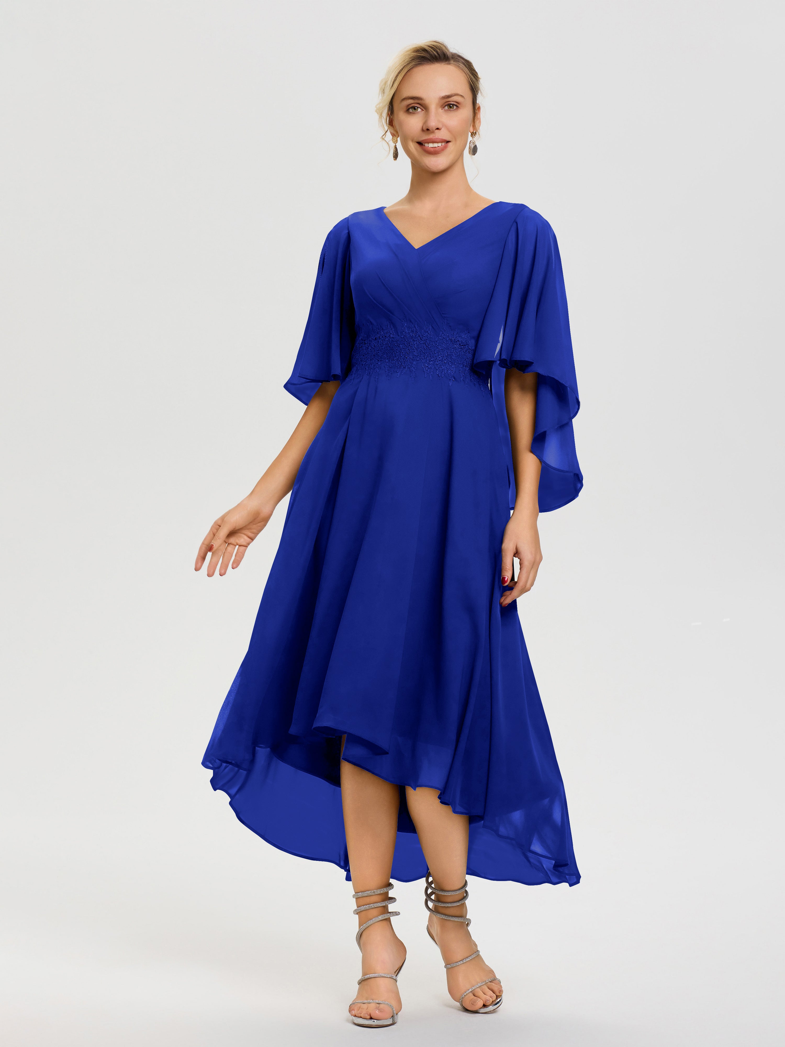 Mother Of The Bride Royal Blue Dresses A Line Chiffon V Neck Ruffle Sleeves Appliques Waist High Low Mother Of The Bride Dresses Mother Of The Bride Royal Blue Dresses A Line Chiffon V Neck Ruffle Sleeves Appliques Waist High Low Mother Of The Bride Dresses