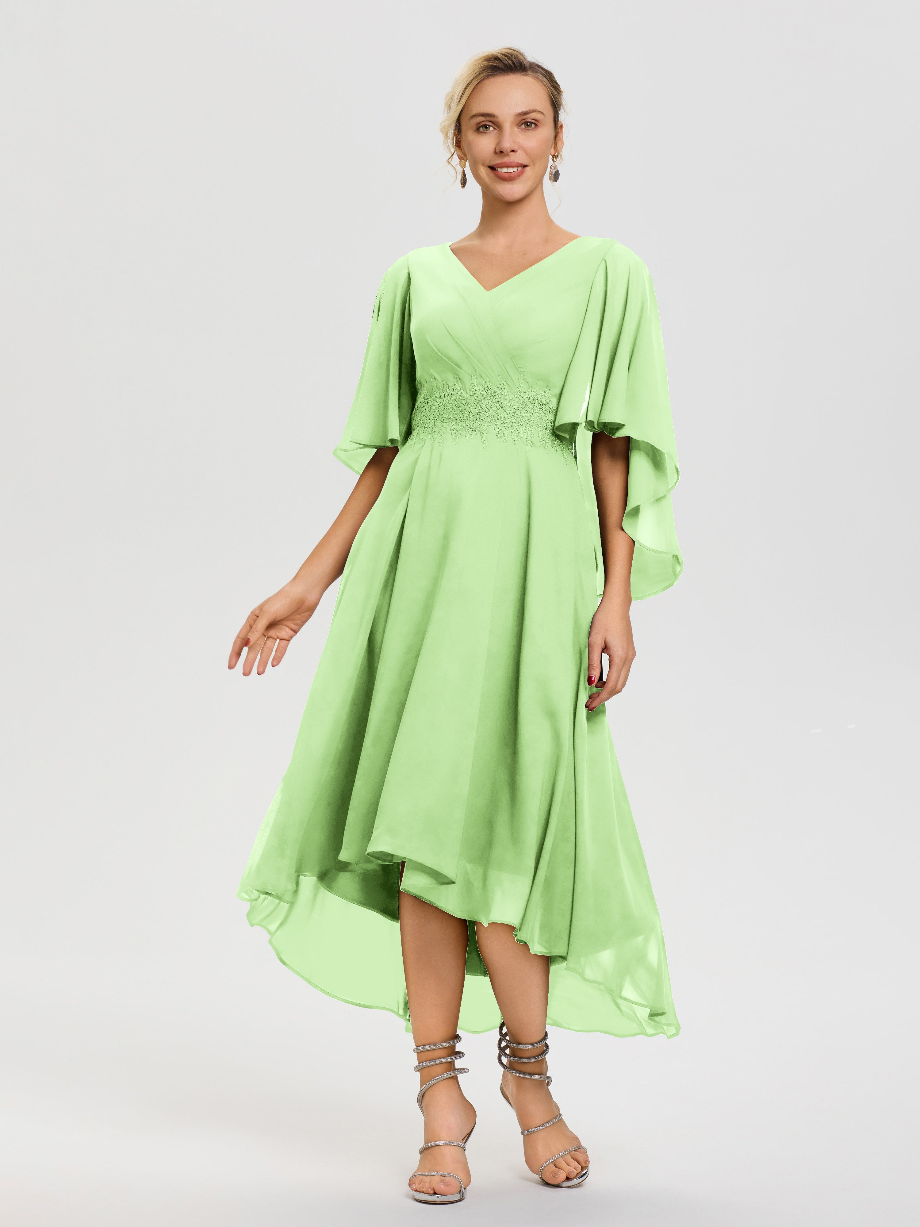 Sage Green Mother Of The Bride Dresses A Line Chiffon V Neck Ruffle Sleeves Appliques Waist High Low Mother Of The Bride Dresses Sage Green Mother Of The Bride Dresses A Line Chiffon V Neck Ruffle Sleeves Appliques Waist High Low Mother Of The Bride Dresses