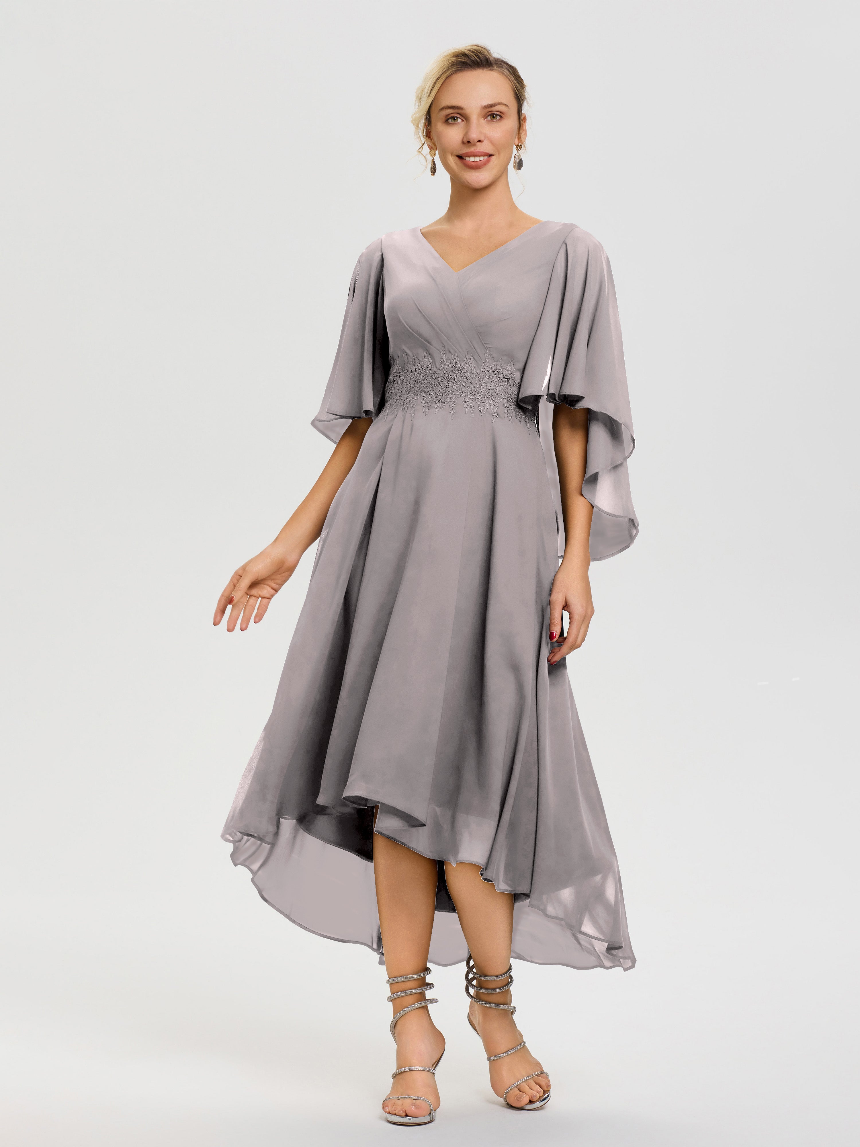 Silver Mother Of The Bride Short Dresses A Line Chiffon V Neck Ruffle Sleeves Appliques Waist High Low Mother Of The Bride Dresses Silver Mother Of The Bride Short Dresses A Line Chiffon V Neck Ruffle Sleeves Appliques Waist High Low Mother Of The Bride Dresses